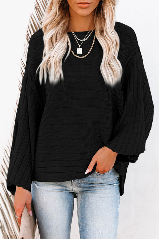 Black Exposed Seam Ribbed Knit Dolman Sweater Top
