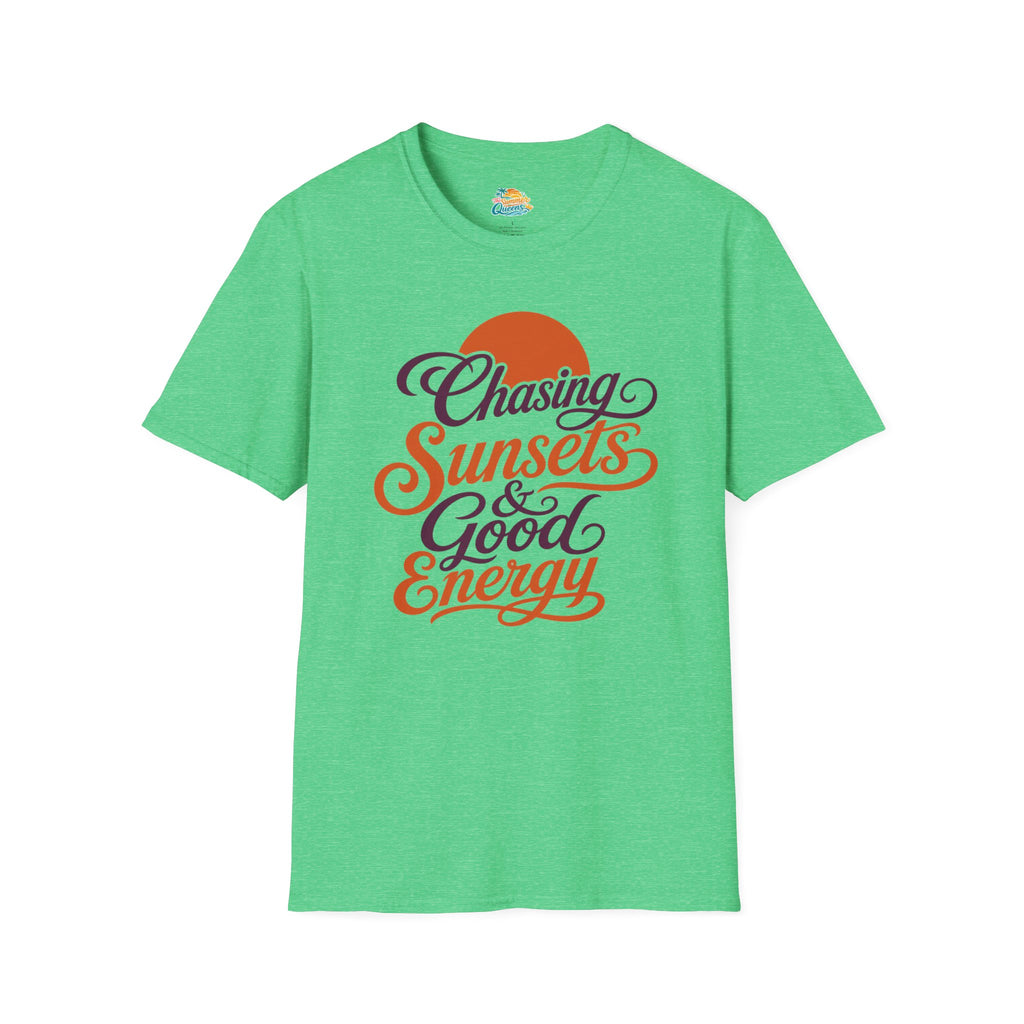 Chasing Sunsets & Good Energy T‑Shirt — Retro Sunset Typography Tee