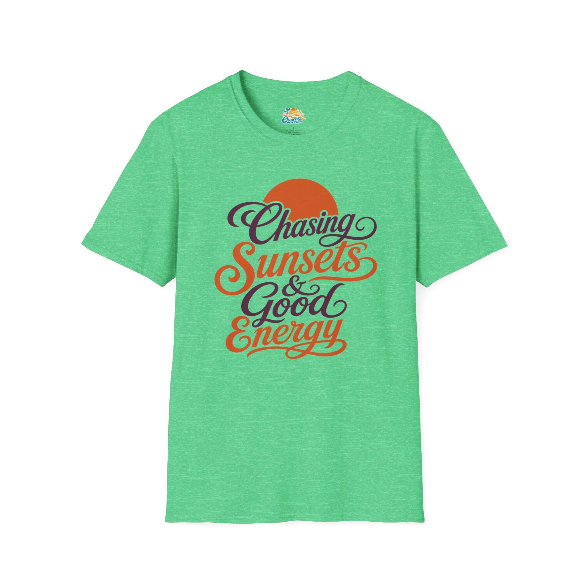 Chasing Sunsets & Good Energy T‑Shirt — Retro Sunset Typography Tee