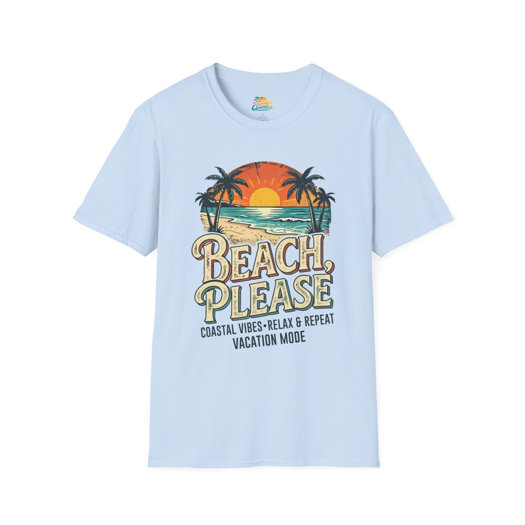 Beach Please Coastal Vibes Vacation Mode T-Shirt – Vintage Sunset Palm Coastal Vibes Vacation Tee