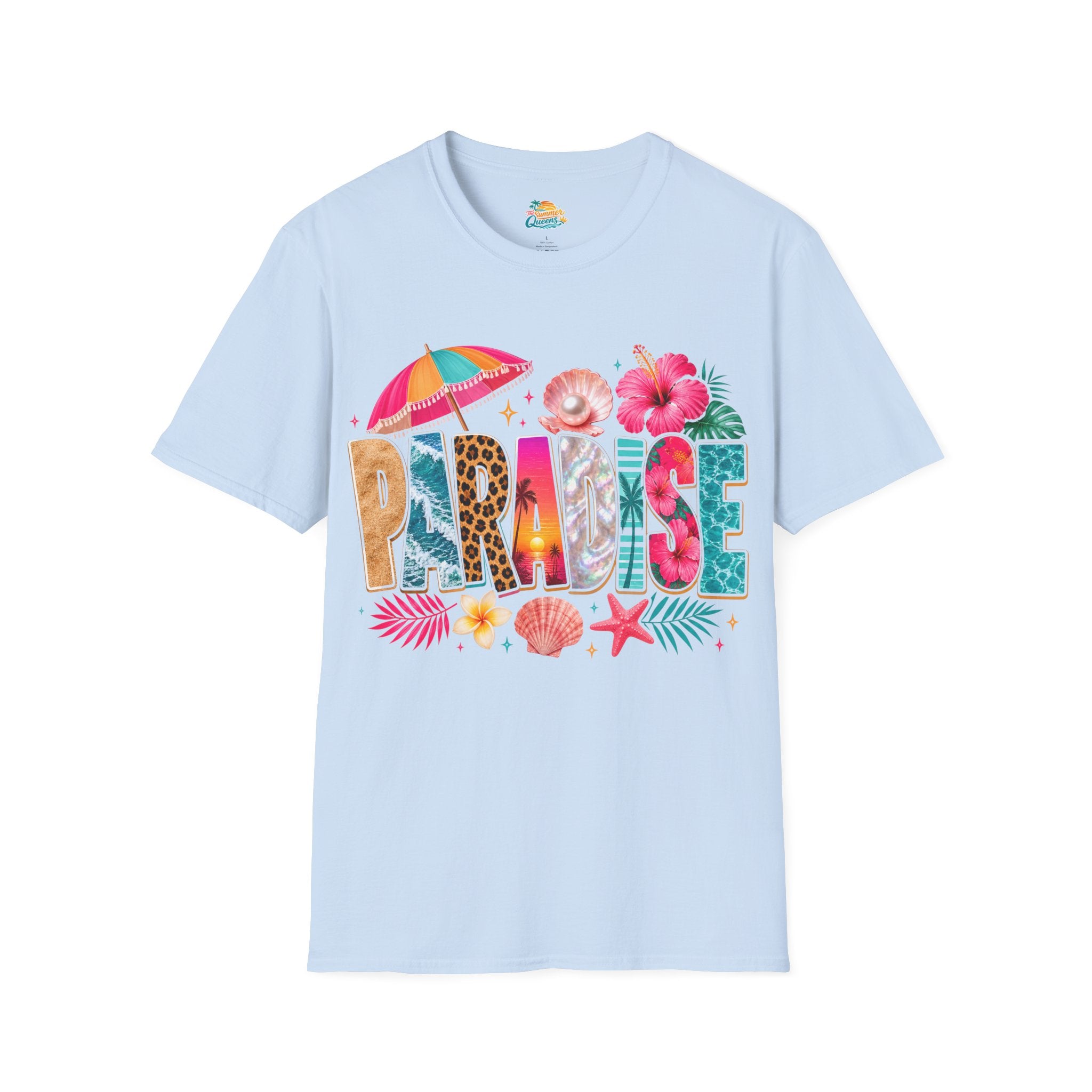 Paradise Beach Graphic T-Shirt — Tropical Shells & Hibiscus Vacation Tee