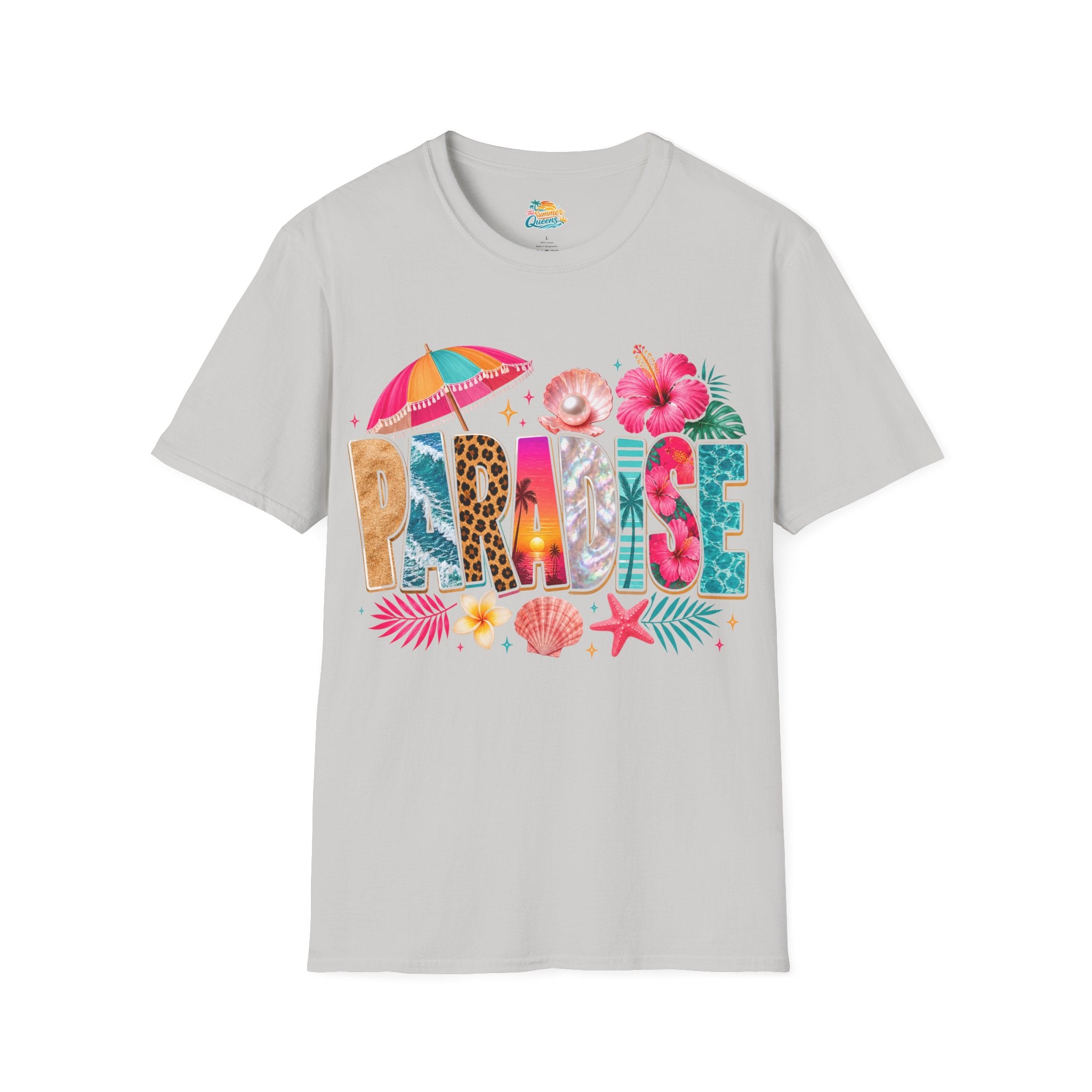 Paradise Beach Graphic T-Shirt — Tropical Shells & Hibiscus Vacation Tee