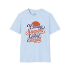 Chasing Sunsets & Good Energy T‑Shirt — Retro Sunset Typography Tee