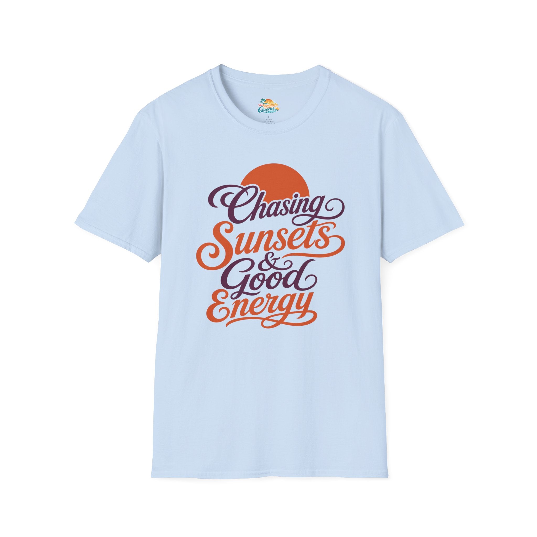 Chasing Sunsets & Good Energy T‑Shirt — Retro Sunset Typography Tee