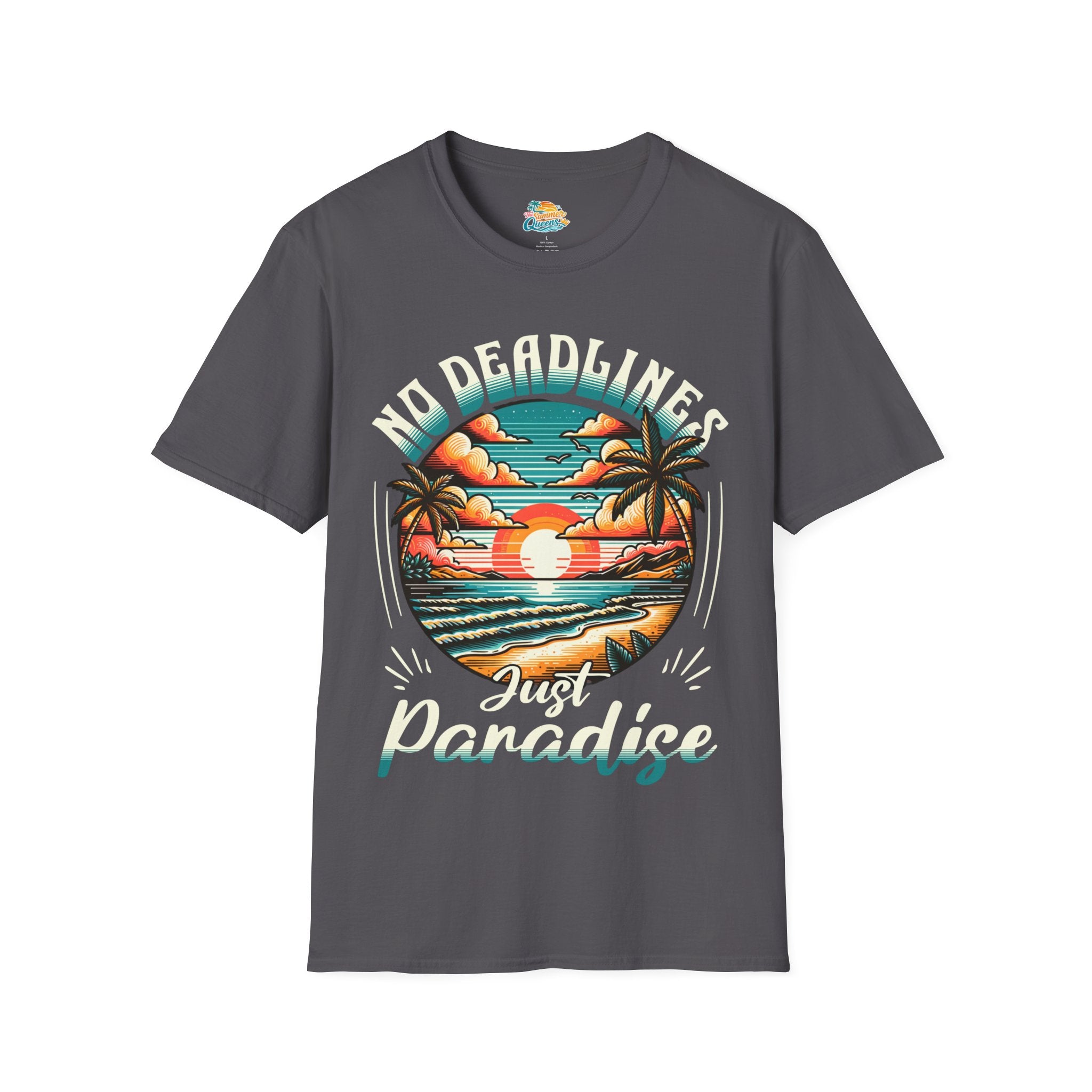 No Deadlines Just Paradise T-Shirt — Retro Sunset Beach Vacation Tee