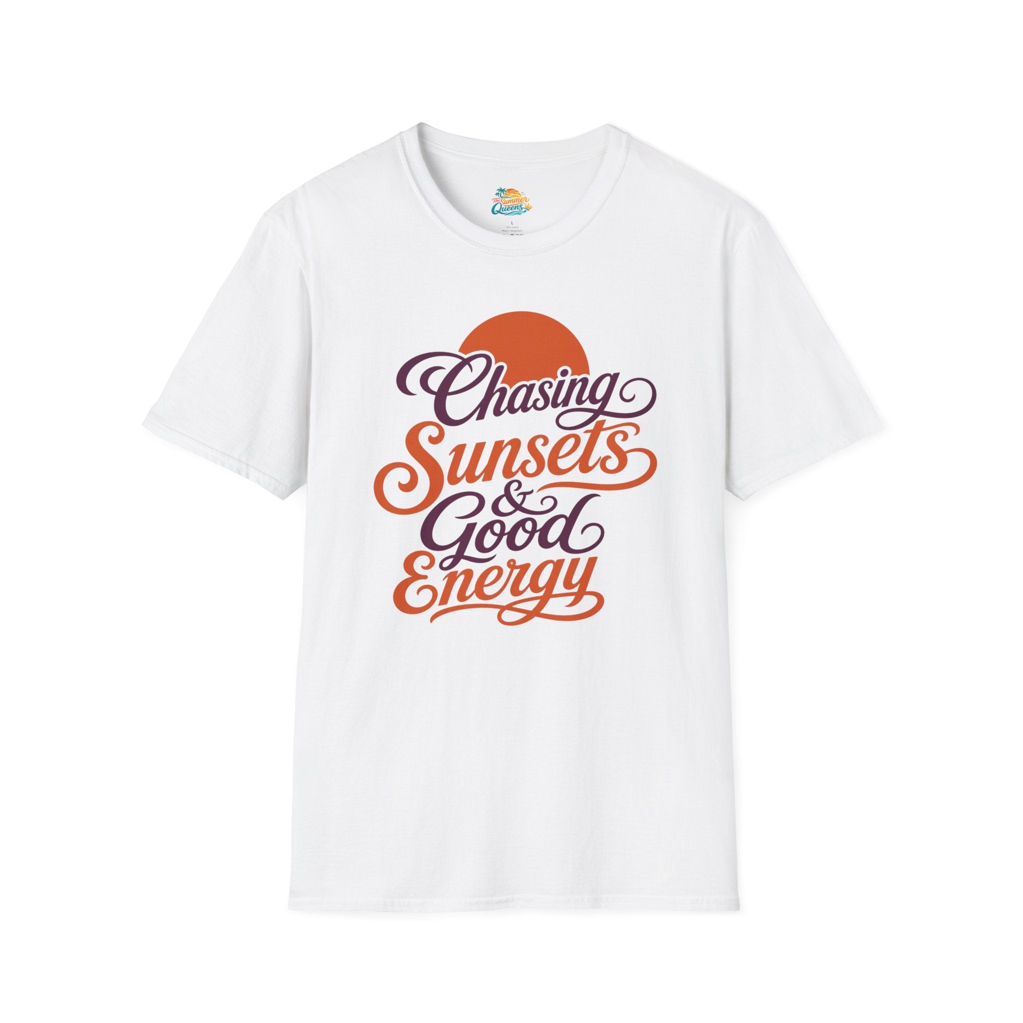 Chasing Sunsets & Good Energy T‑Shirt — Retro Sunset Typography Tee