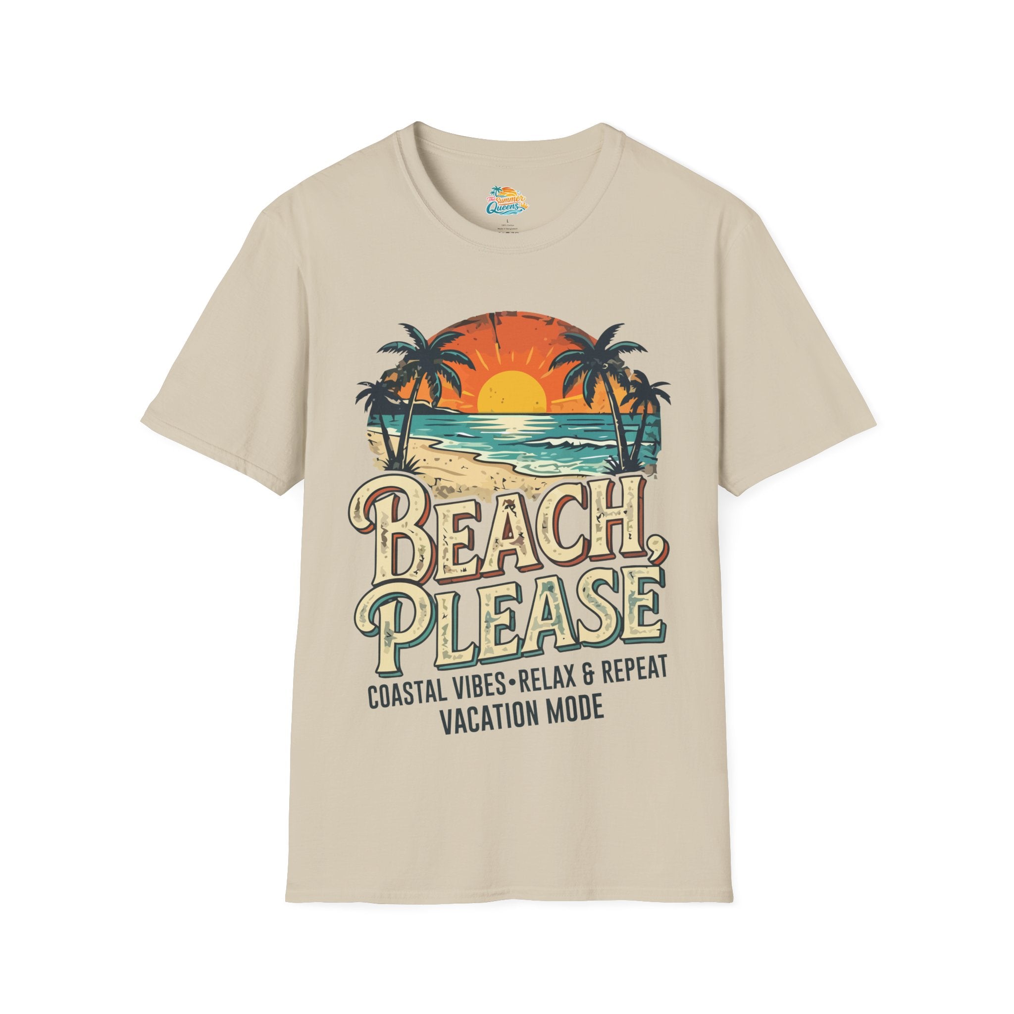 Beach Please Coastal Vibes Vacation Mode T-Shirt – Vintage Sunset Palm Coastal Vibes Vacation Tee