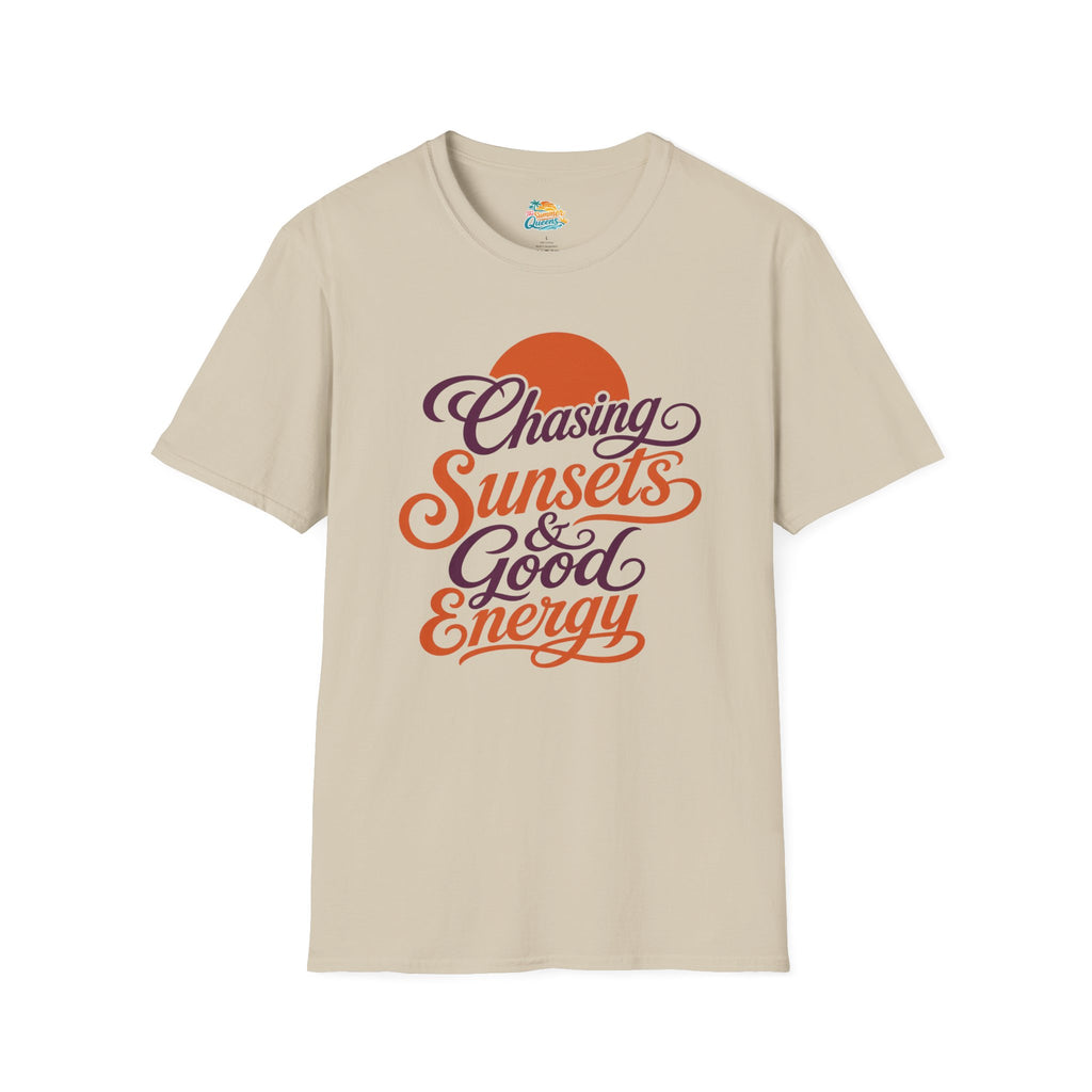 Chasing Sunsets & Good Energy T‑Shirt — Retro Sunset Typography Tee
