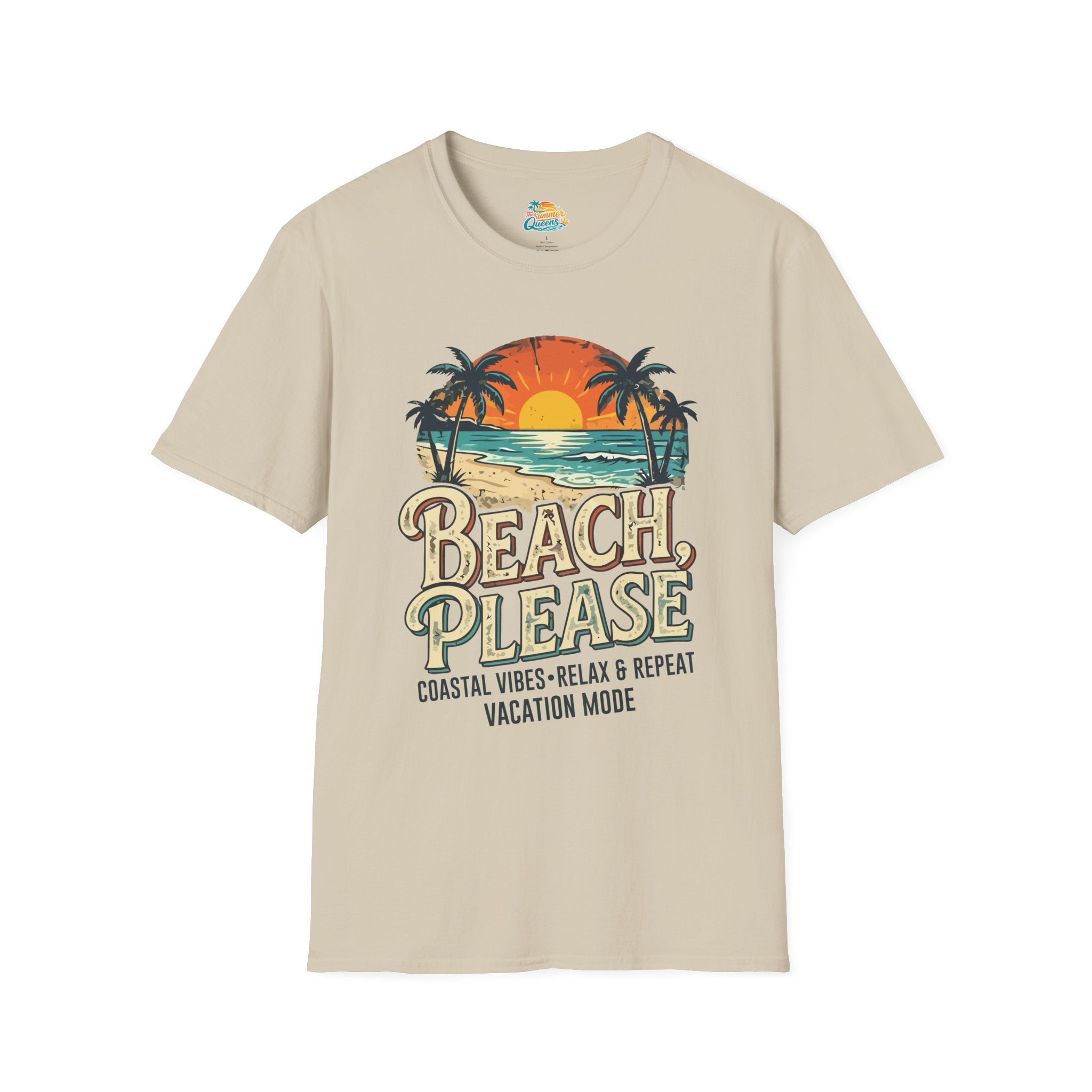 Beach Please Coastal Vibes Vacation Mode T-Shirt – Vintage Sunset Palm Coastal Vibes Vacation Tee