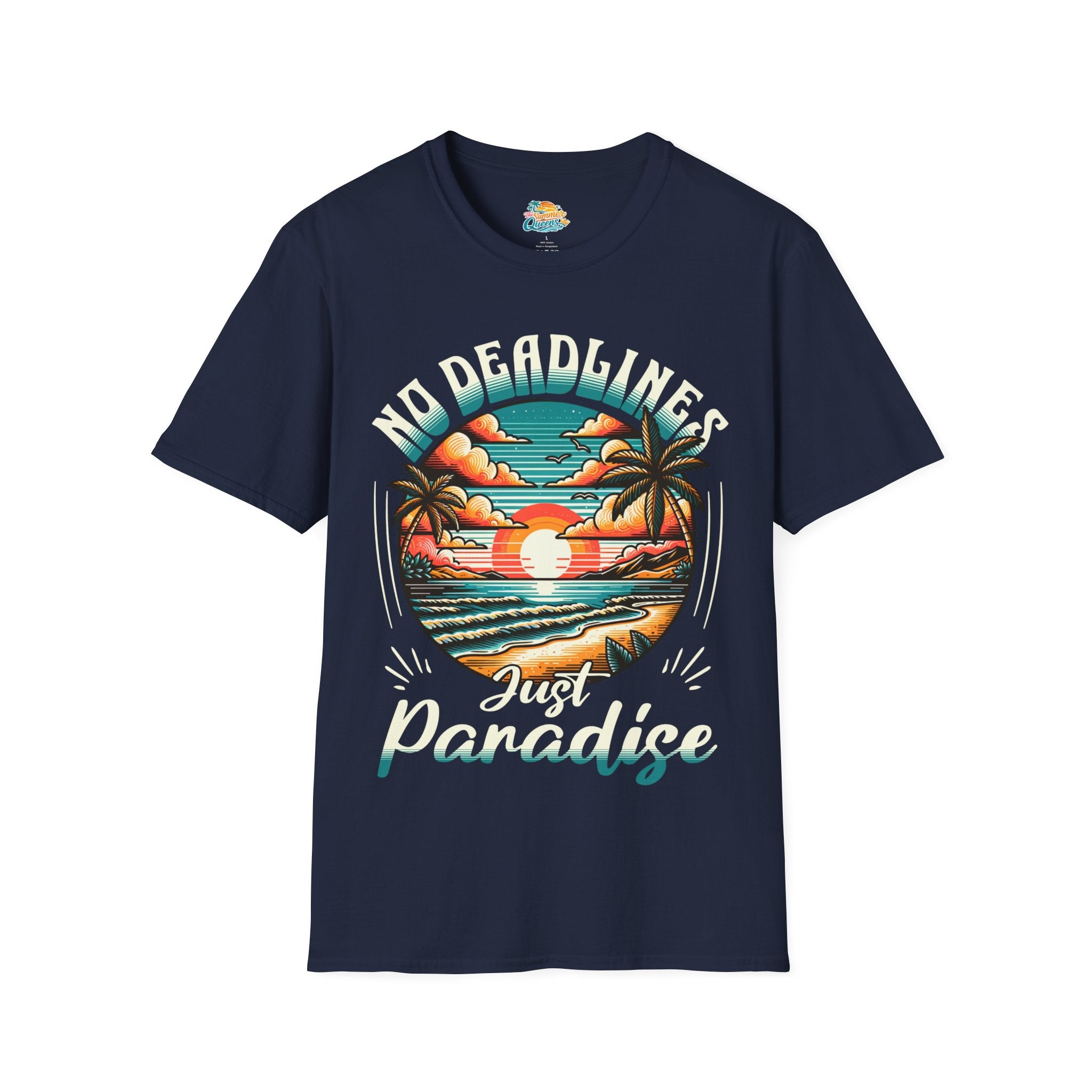 No Deadlines Just Paradise T-Shirt — Retro Sunset Beach Vacation Tee