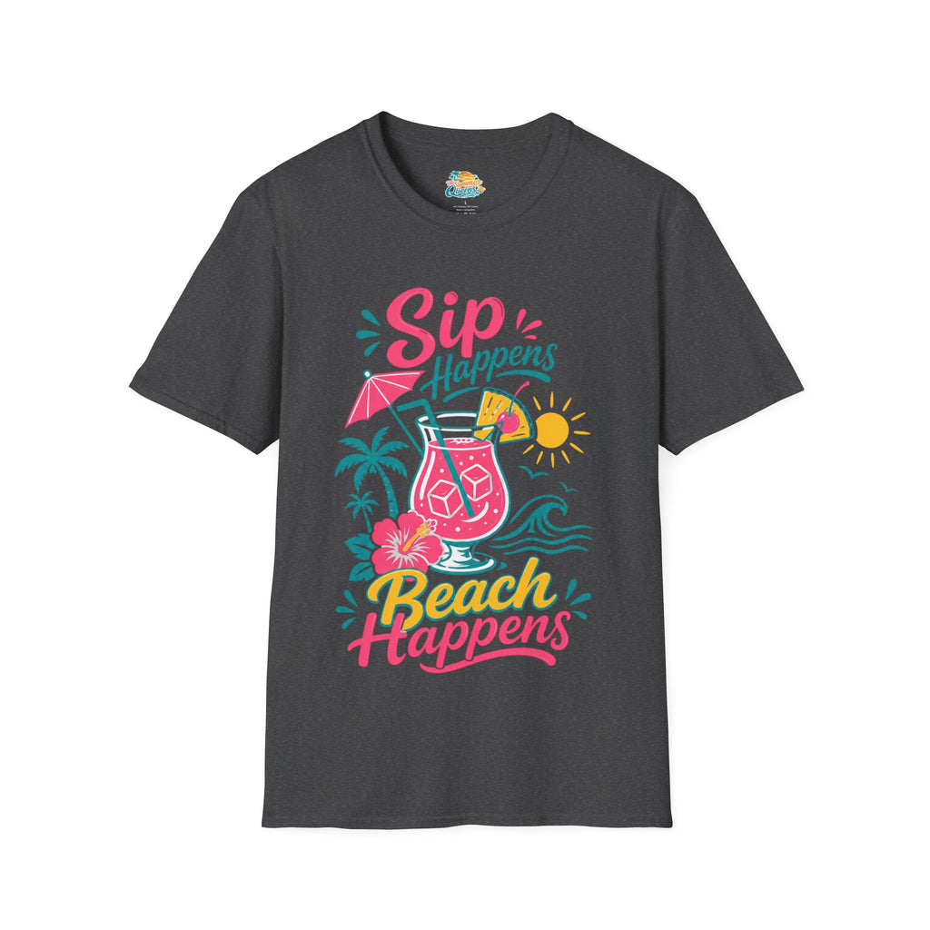 Sip Happens, Beach Happens T-Shirt — Tropical Vacation Cocktail Graphic Tee