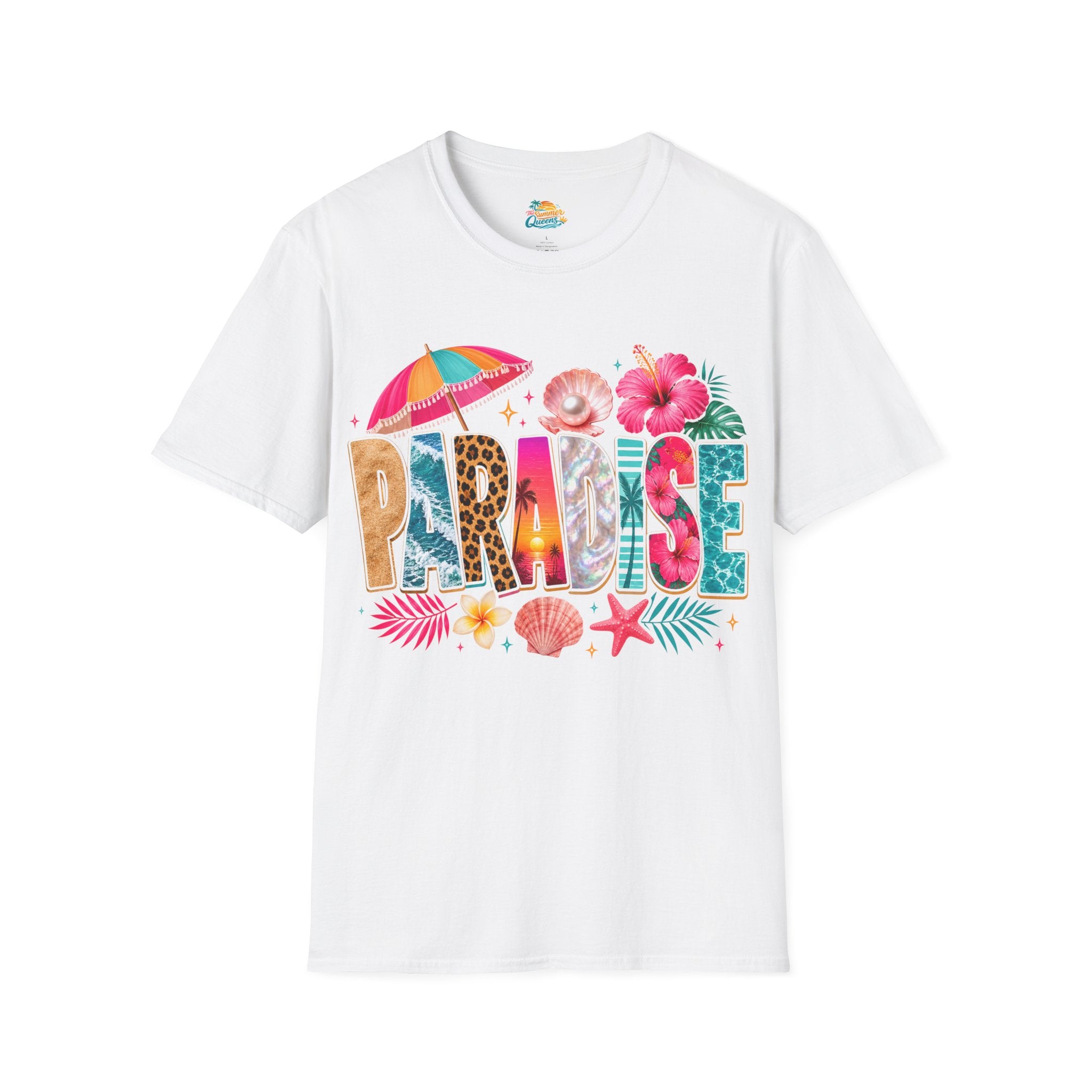 Paradise Beach Graphic T-Shirt — Tropical Shells & Hibiscus Vacation Tee