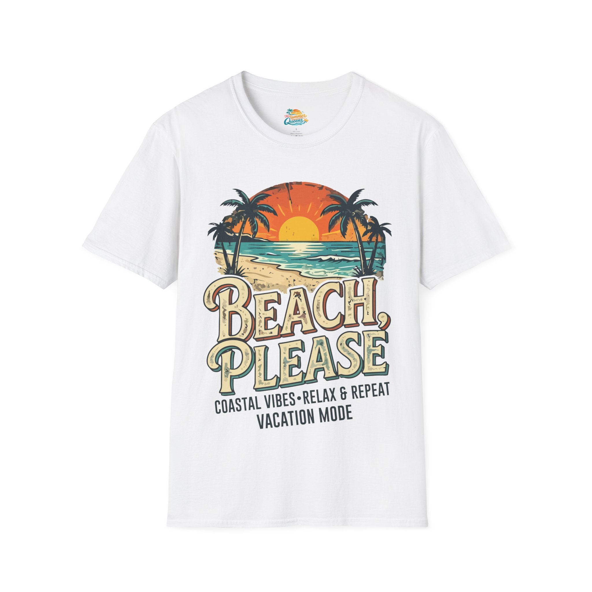 Beach Please Coastal Vibes Vacation Mode T-Shirt – Vintage Sunset Palm Coastal Vibes Vacation Tee