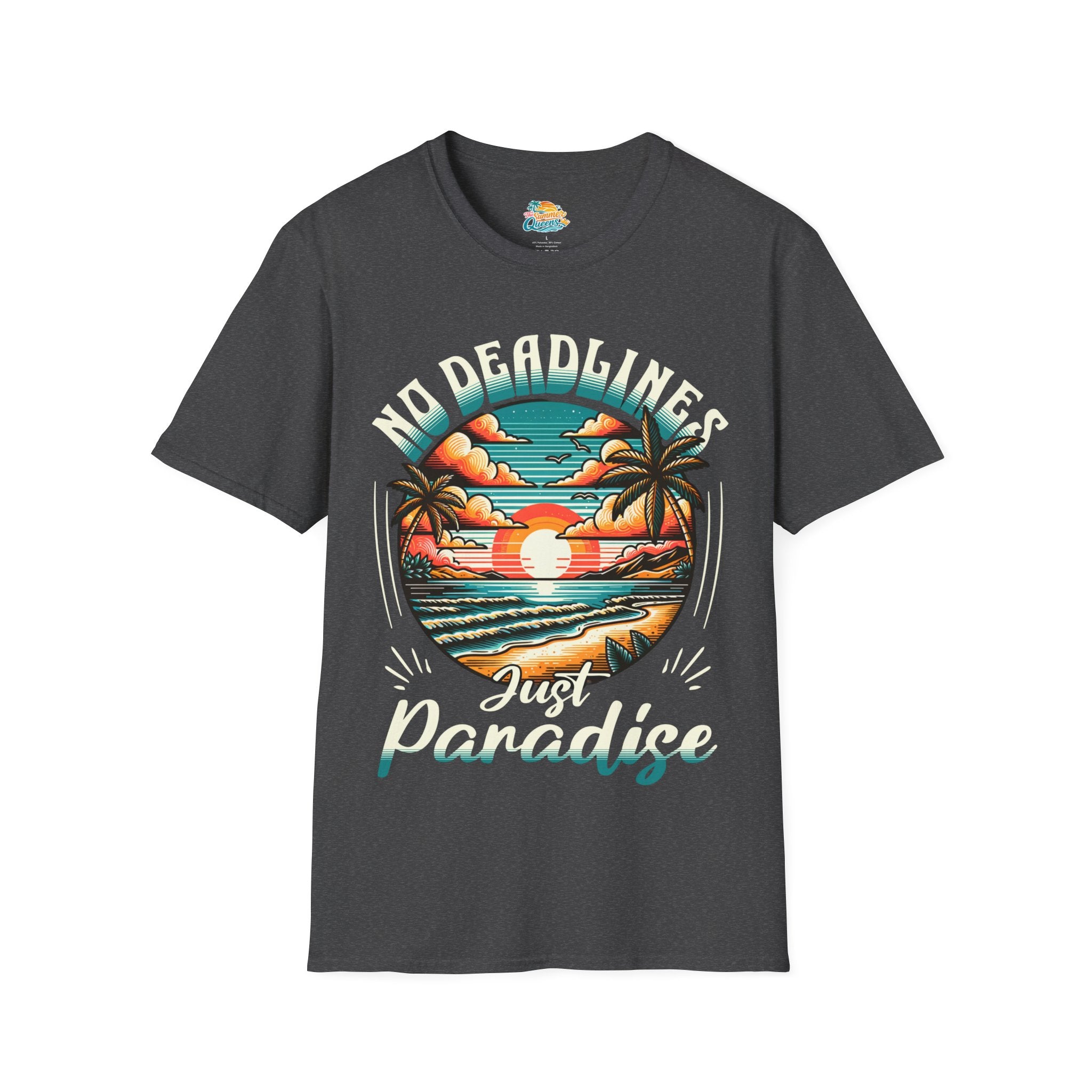 No Deadlines Just Paradise T-Shirt — Retro Sunset Beach Vacation Tee