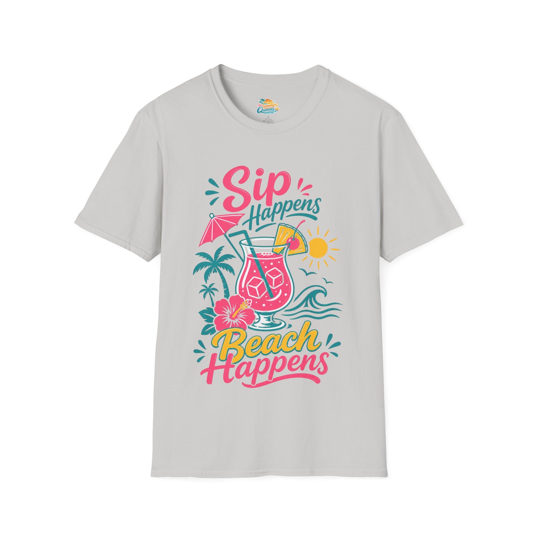 Sip Happens, Beach Happens T-Shirt — Tropical Vacation Cocktail Graphic Tee