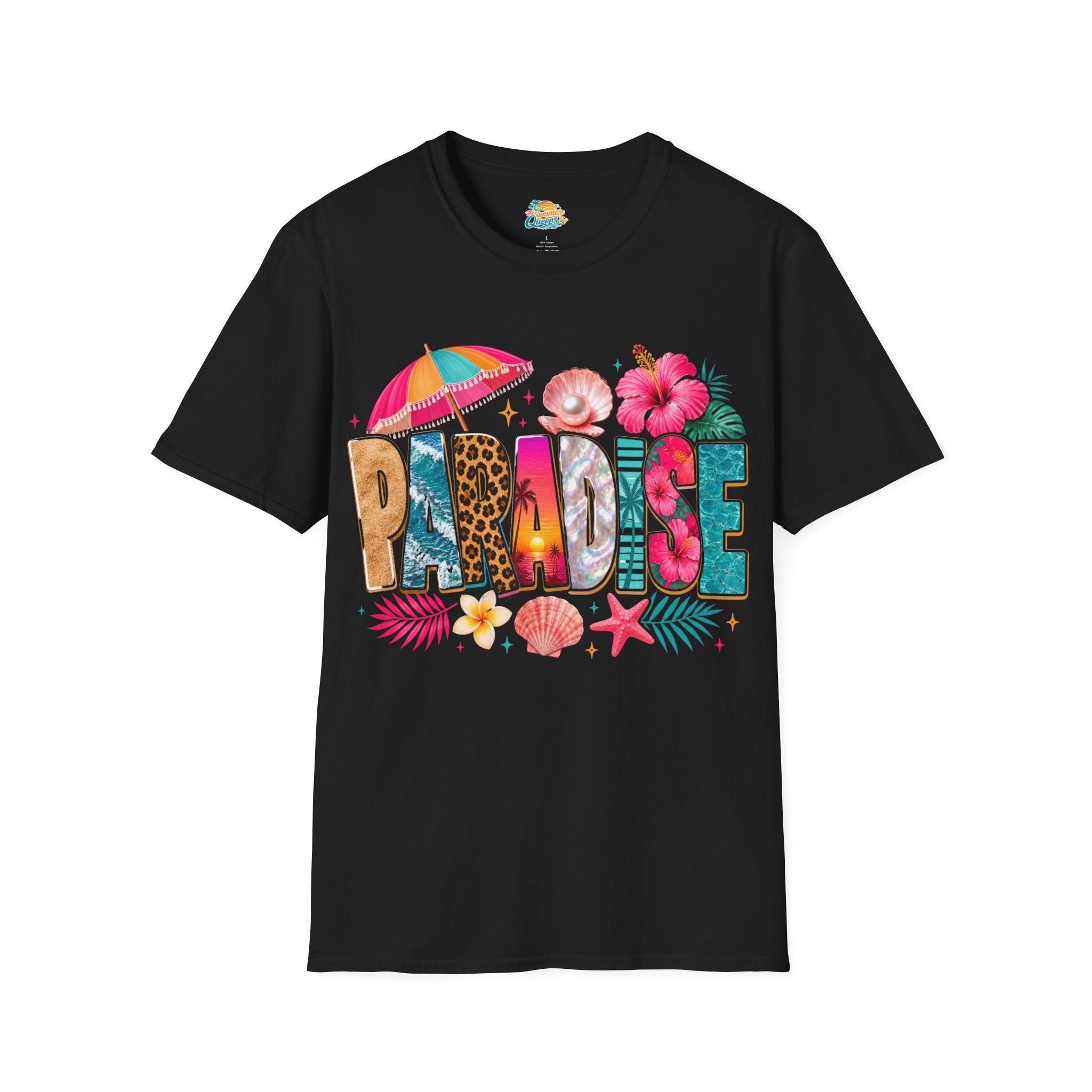 Paradise Beach Graphic T-Shirt — Tropical Shells & Hibiscus Vacation Tee