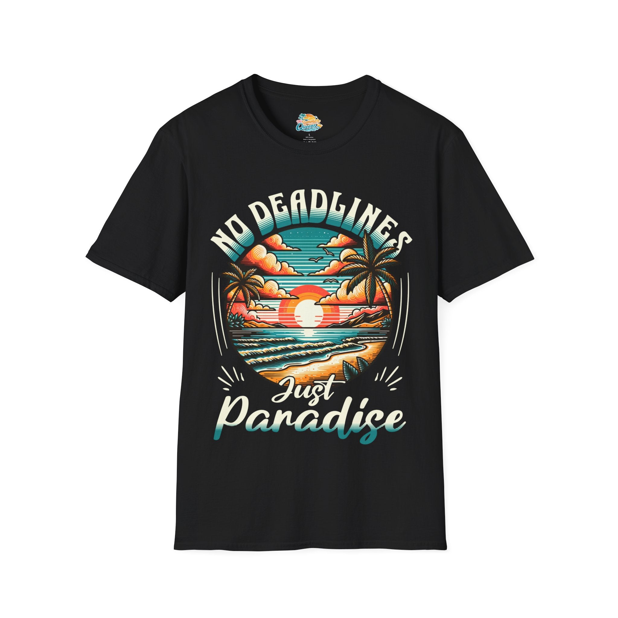 No Deadlines Just Paradise T-Shirt — Retro Sunset Beach Vacation Tee