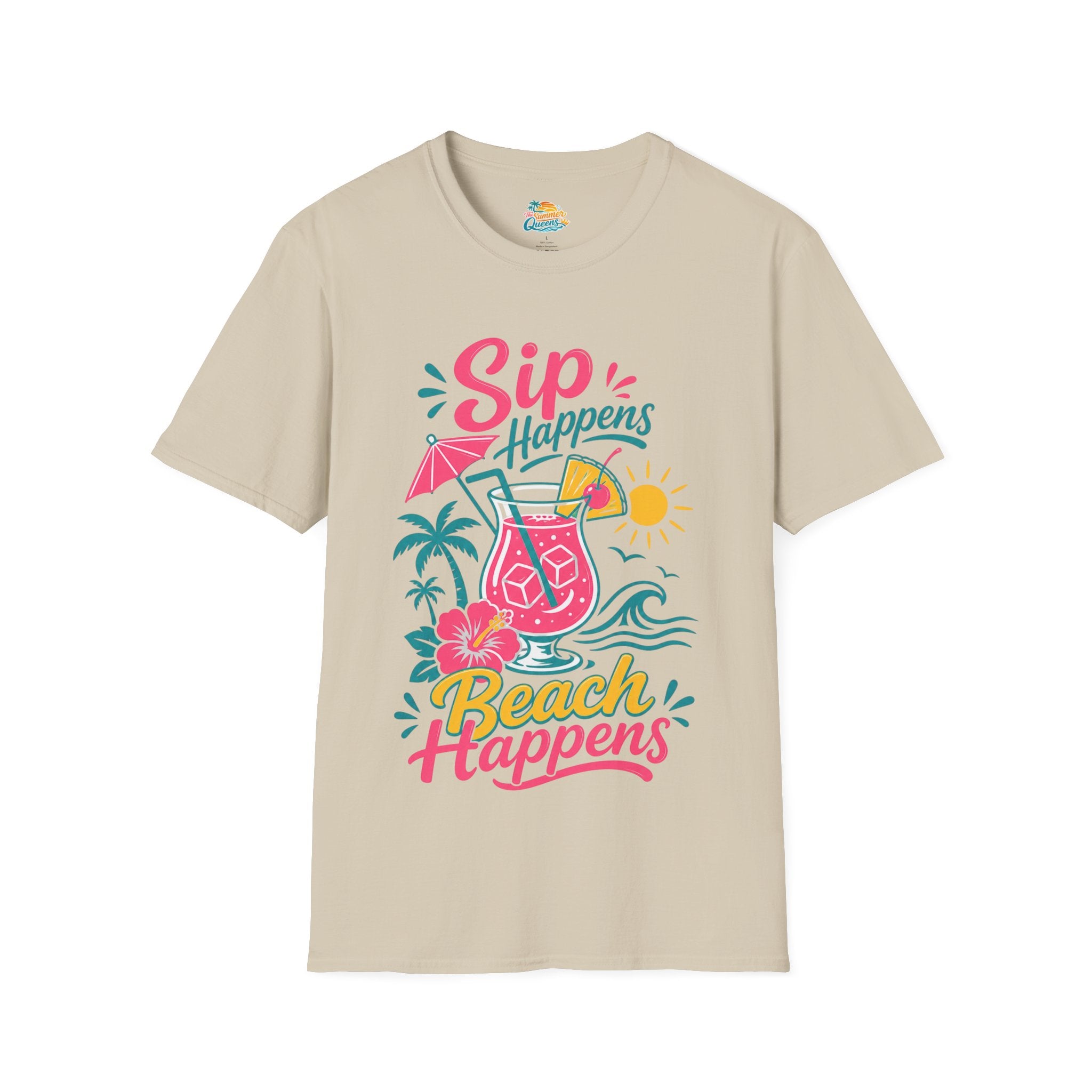 Sip Happens, Beach Happens T-Shirt — Tropical Vacation Cocktail Graphic Tee