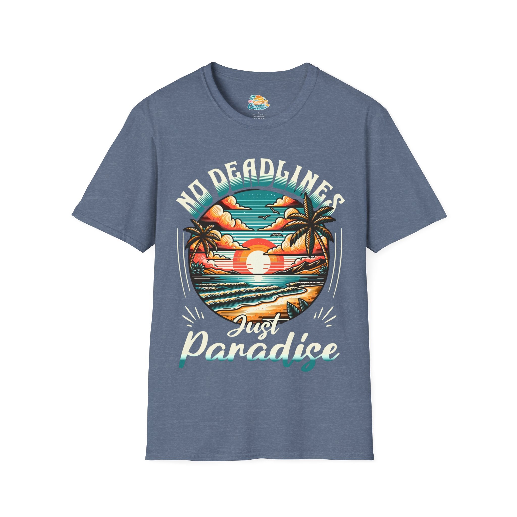 No Deadlines Just Paradise T-Shirt — Retro Sunset Beach Vacation Tee