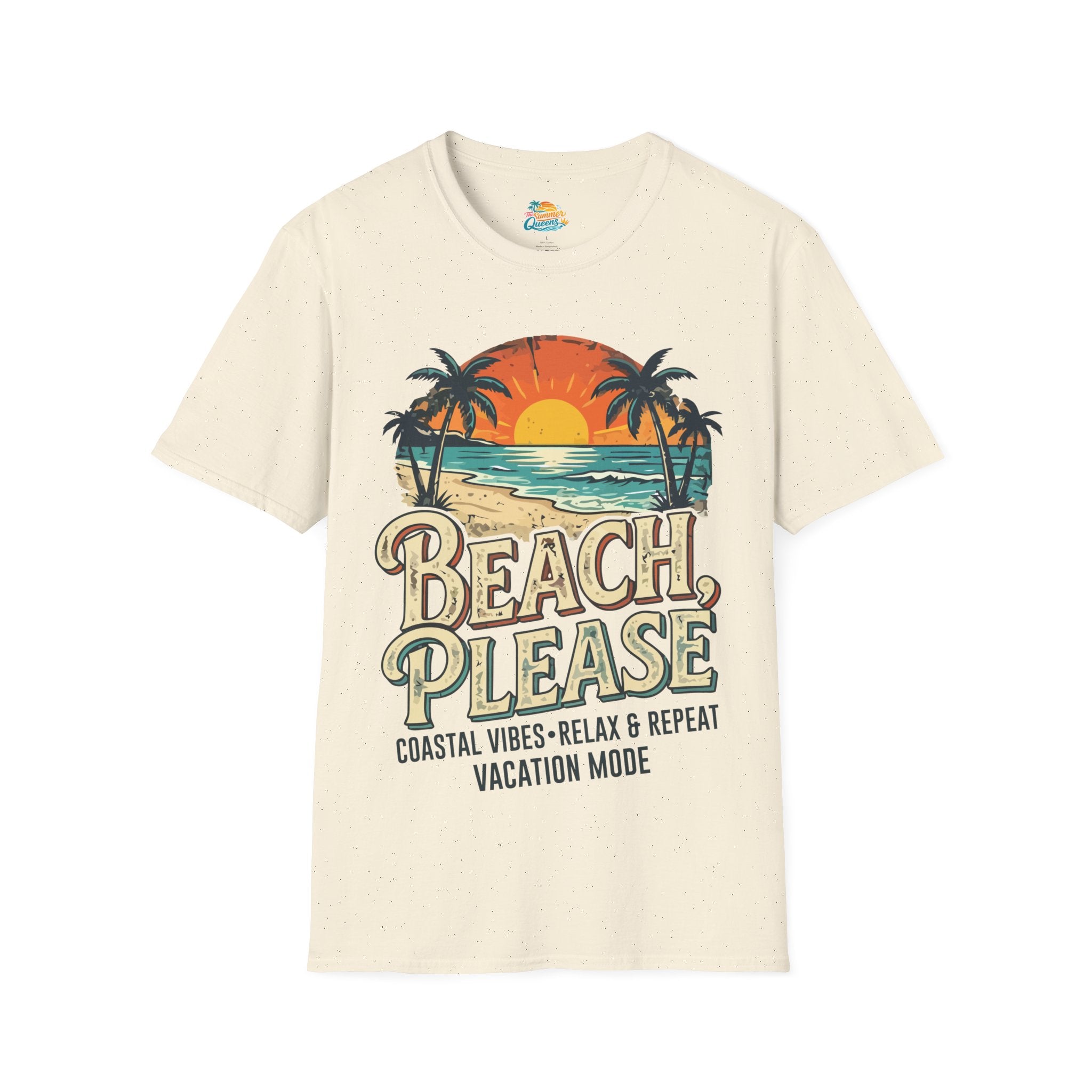 Beach Please Coastal Vibes Vacation Mode T-Shirt – Vintage Sunset Palm Coastal Vibes Vacation Tee