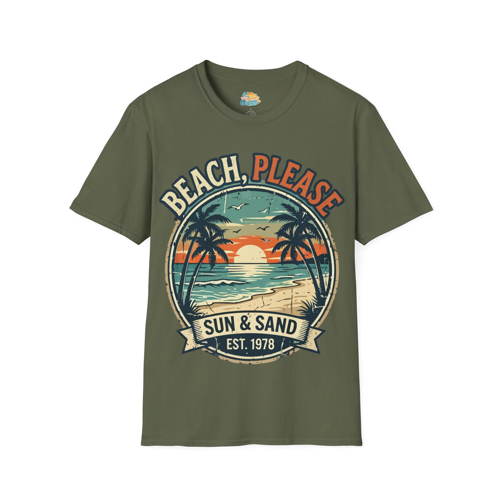 Beach, Please Sun & Sand T-Shirt — Retro Palm Tree Sunset Tee