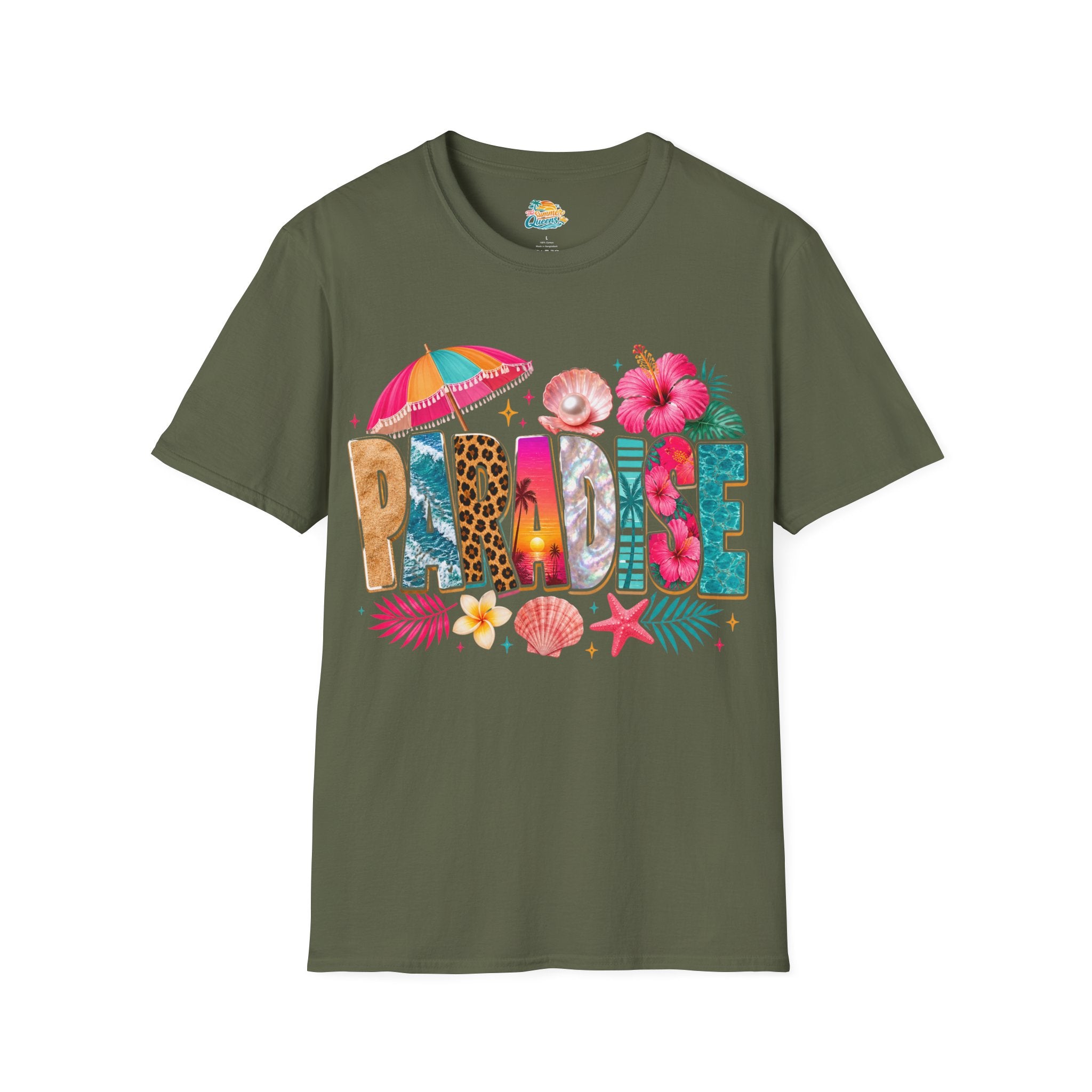 Paradise Beach Graphic T-Shirt — Tropical Shells & Hibiscus Vacation Tee