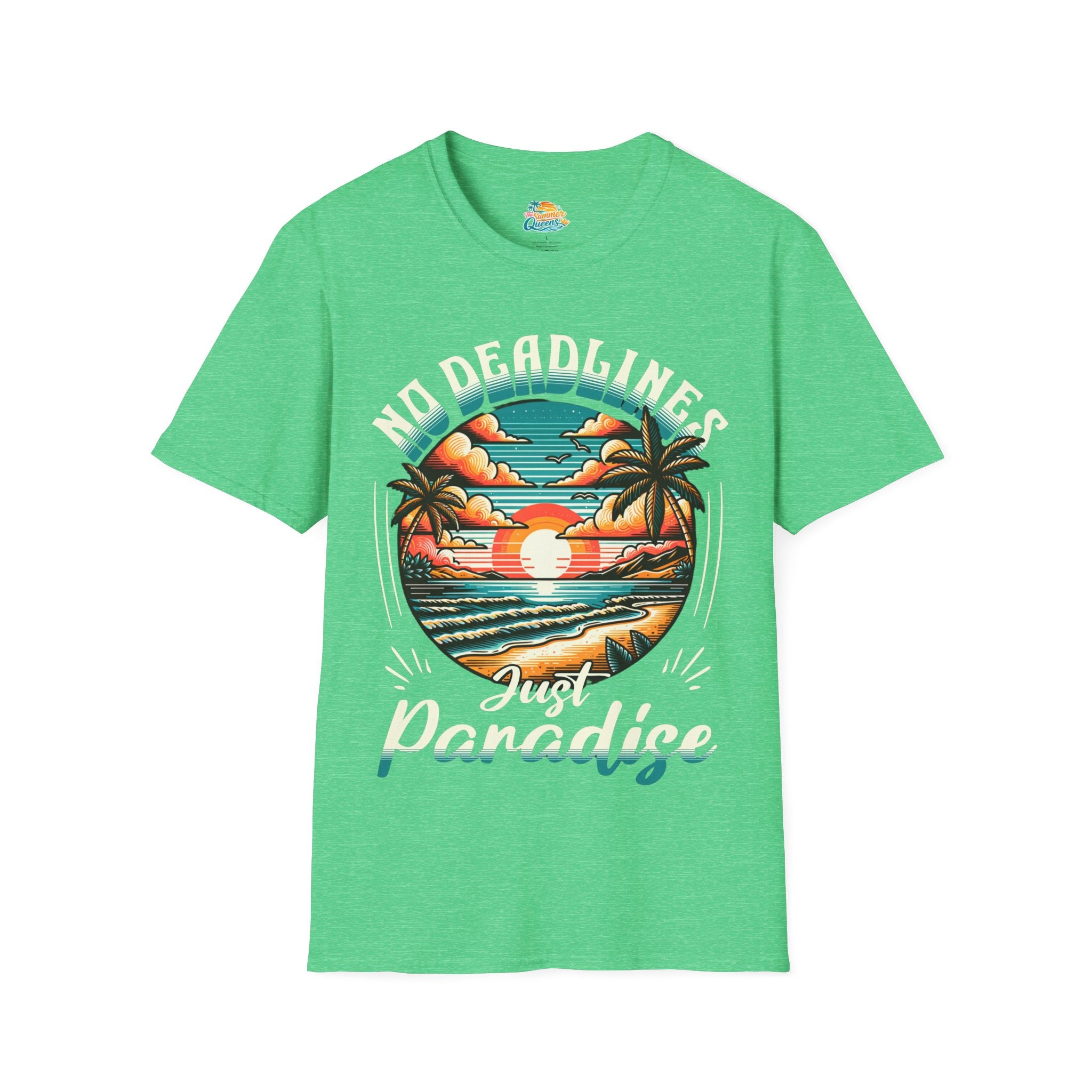 No Deadlines Just Paradise T-Shirt — Retro Sunset Beach Vacation Tee