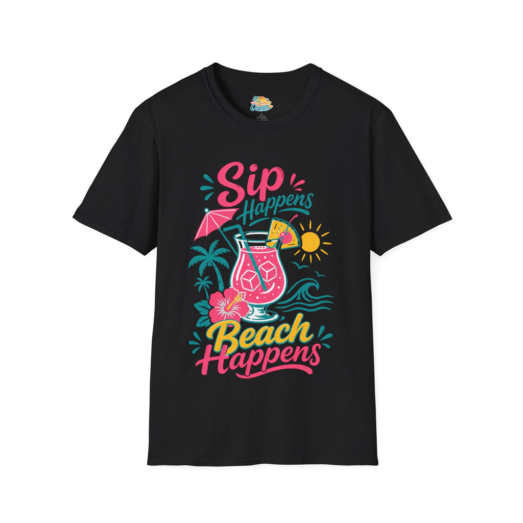 Sip Happens, Beach Happens T-Shirt — Tropical Vacation Cocktail Graphic Tee