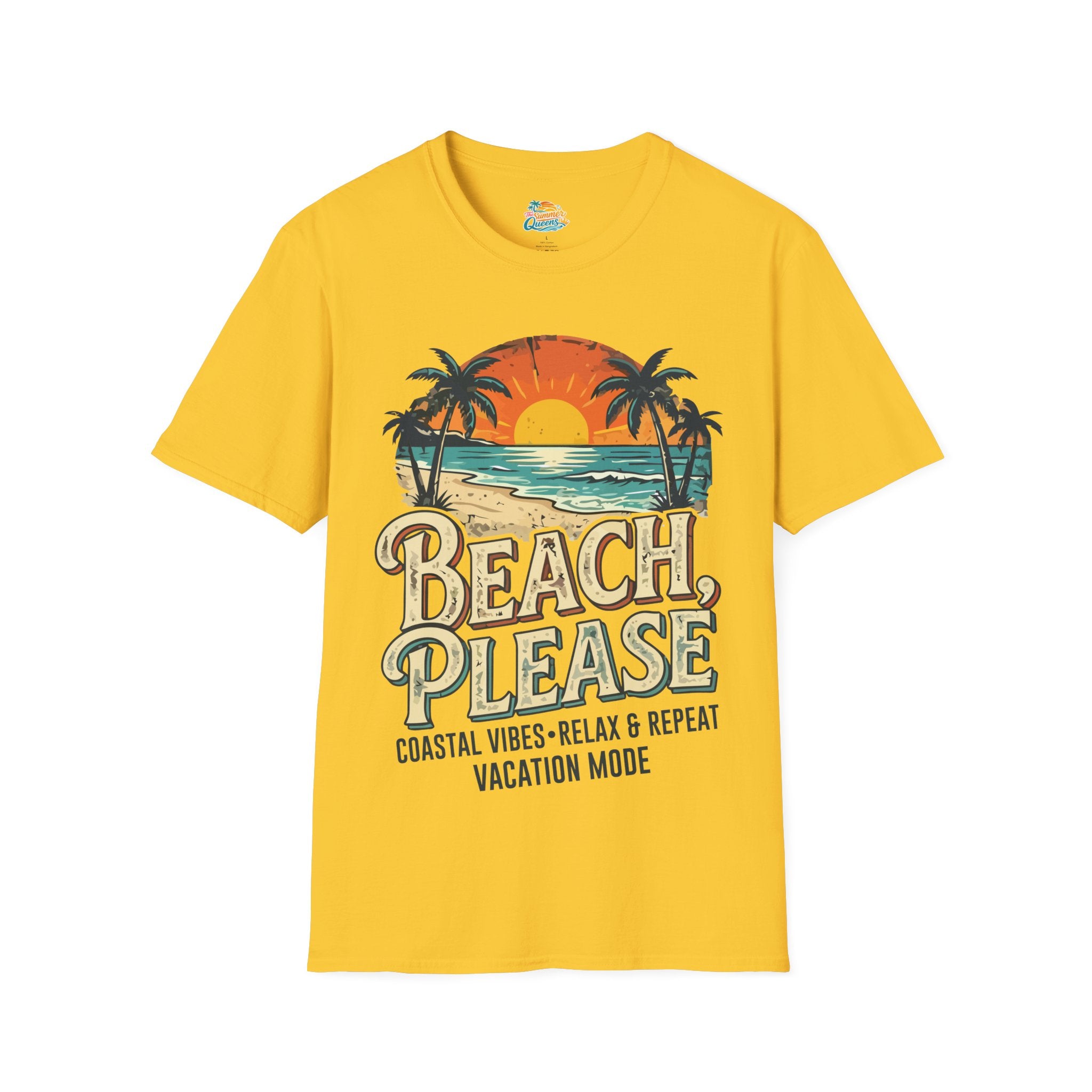 Beach Please Coastal Vibes Vacation Mode T-Shirt – Vintage Sunset Palm Coastal Vibes Vacation Tee