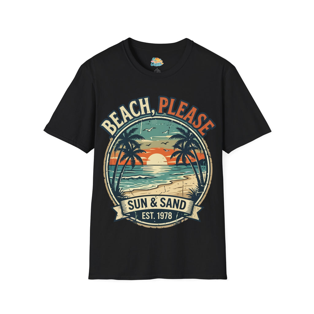 Beach, Please Sun & Sand T-Shirt — Retro Palm Tree Sunset Tee