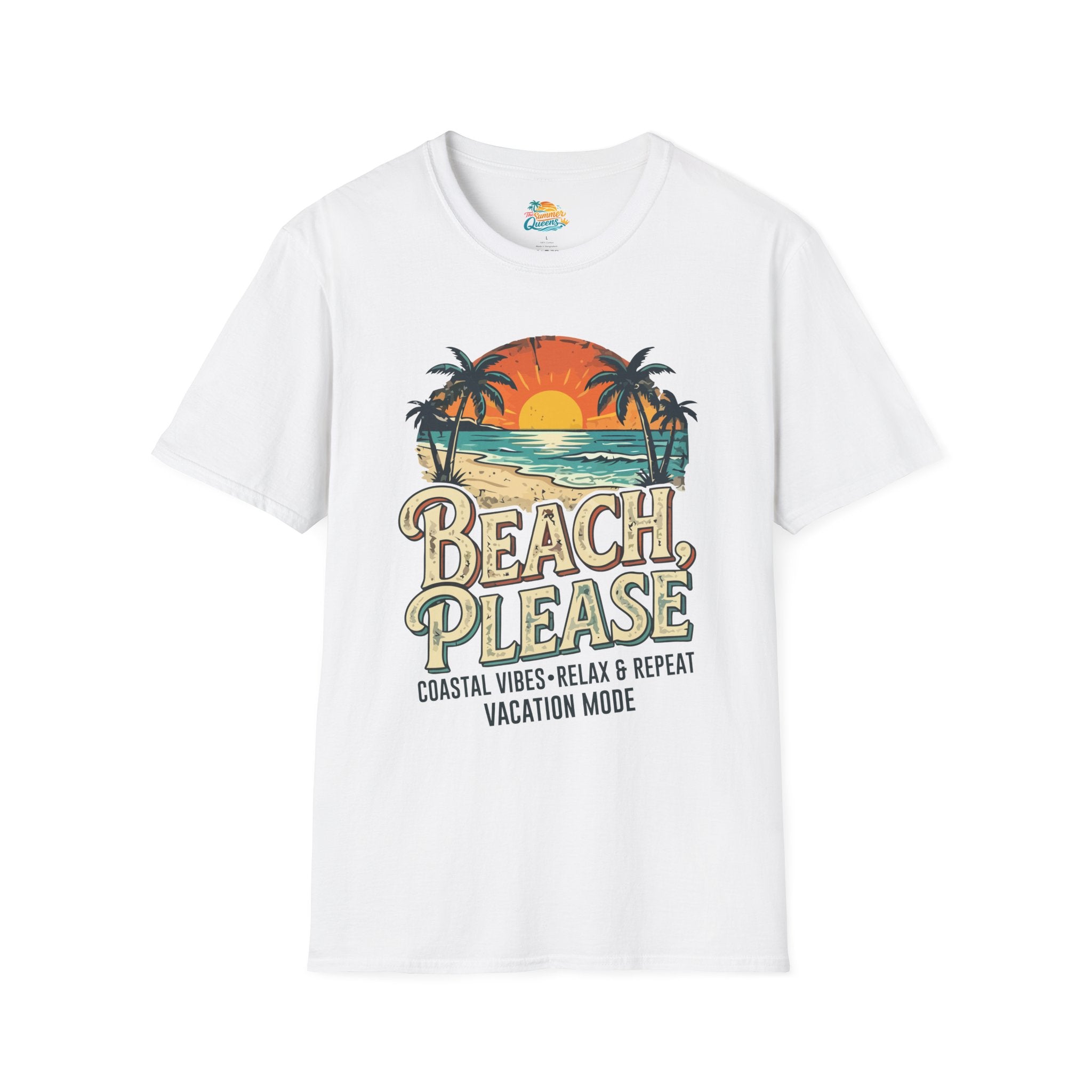 Beach Please Coastal Vibes Vacation Mode T-Shirt – Vintage Sunset Palm Coastal Vibes Vacation Tee