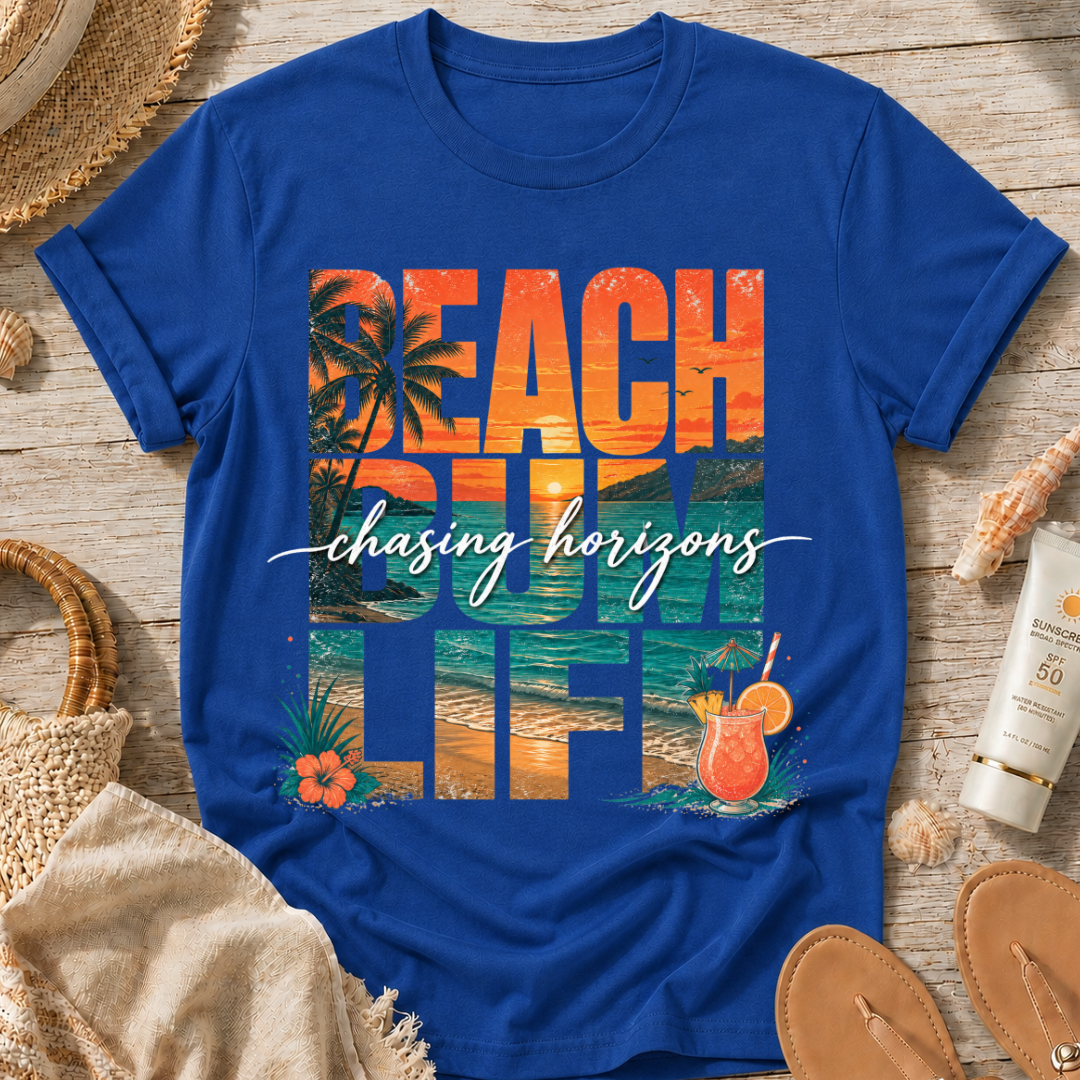 Beach Bum Life T‑Shirt — Tropical "Chasing Horizons" Graphic Tee