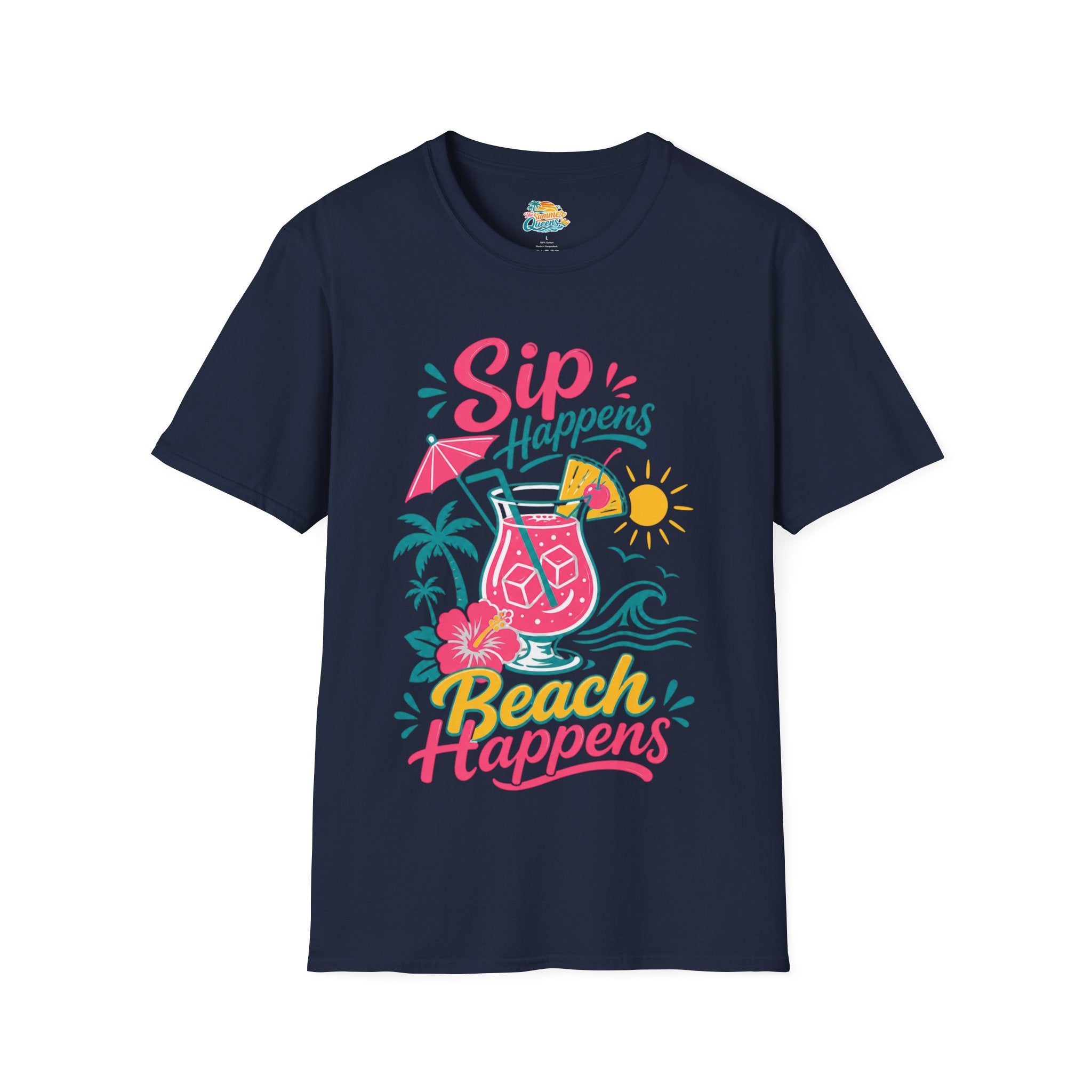 Sip Happens, Beach Happens T-Shirt — Tropical Vacation Cocktail Graphic Tee