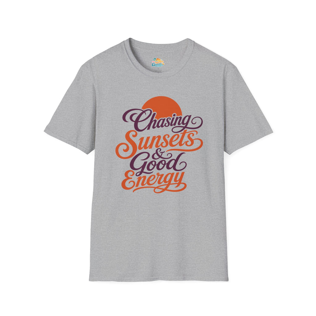 Chasing Sunsets & Good Energy T‑Shirt — Retro Sunset Typography Tee