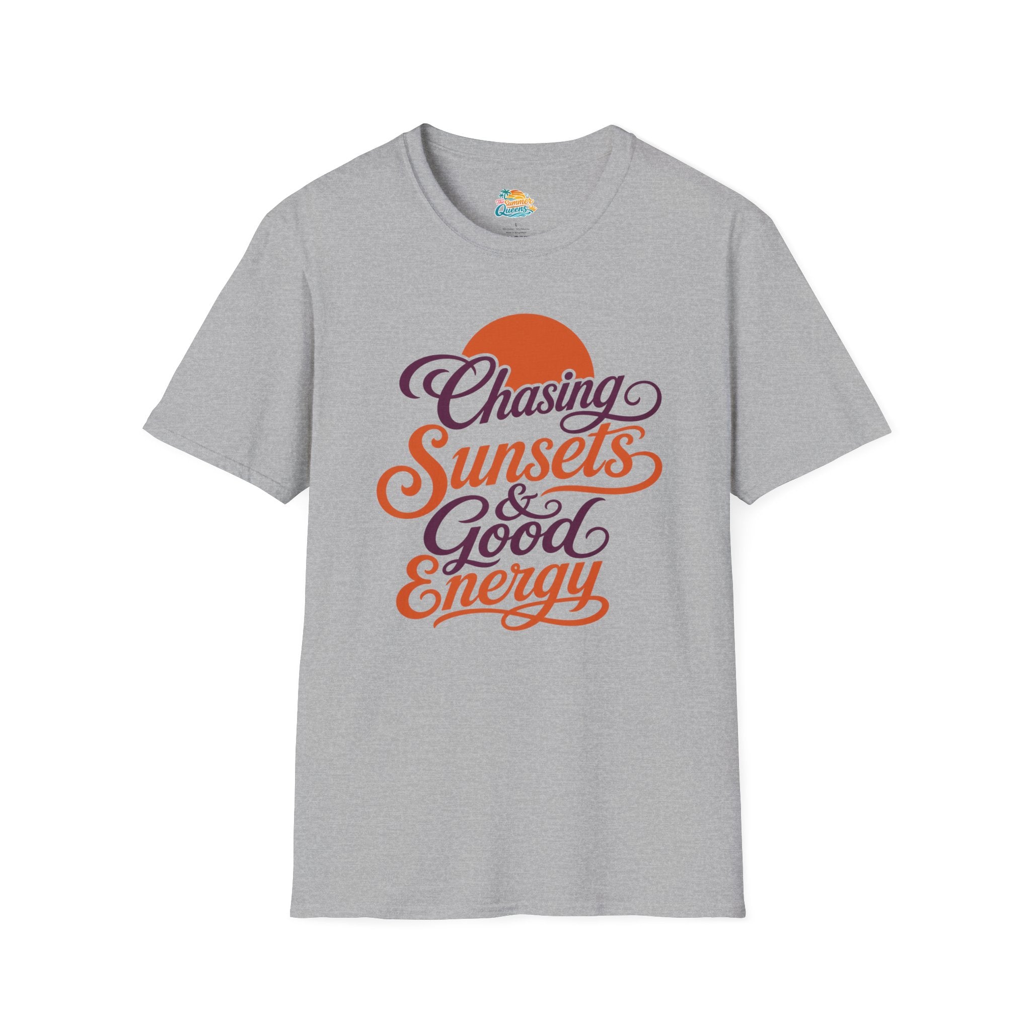 Chasing Sunsets & Good Energy T‑Shirt — Retro Sunset Typography Tee