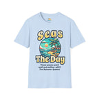Seas The Day Beach T-Shirt — Retro Summer Palm Tree Graphic
