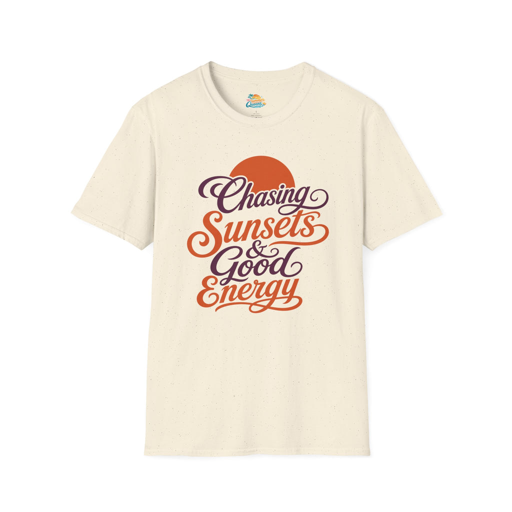 Chasing Sunsets & Good Energy T‑Shirt — Retro Sunset Typography Tee