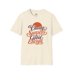 Chasing Sunsets & Good Energy T‑Shirt — Retro Sunset Typography Tee
