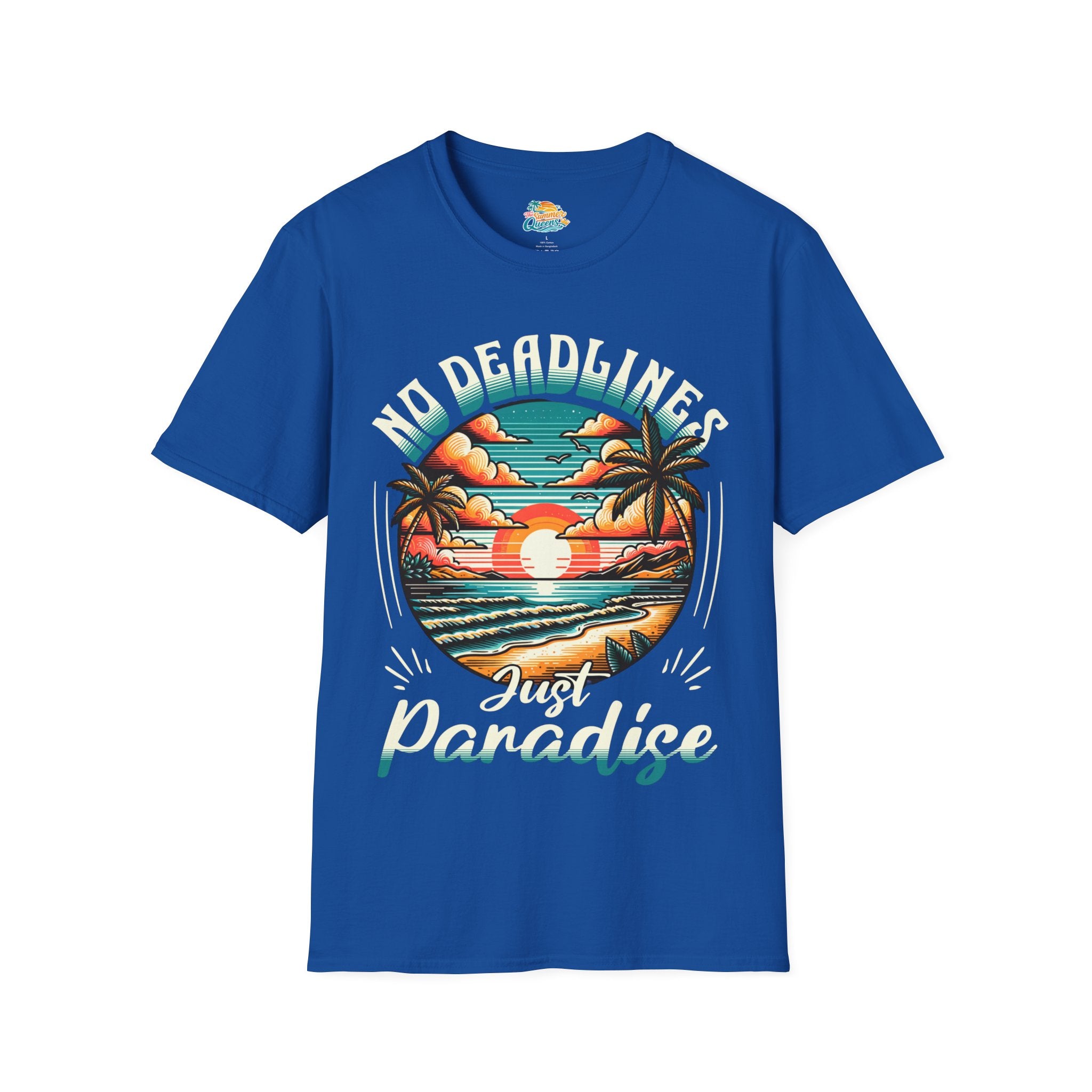 No Deadlines Just Paradise T-Shirt — Retro Sunset Beach Vacation Tee