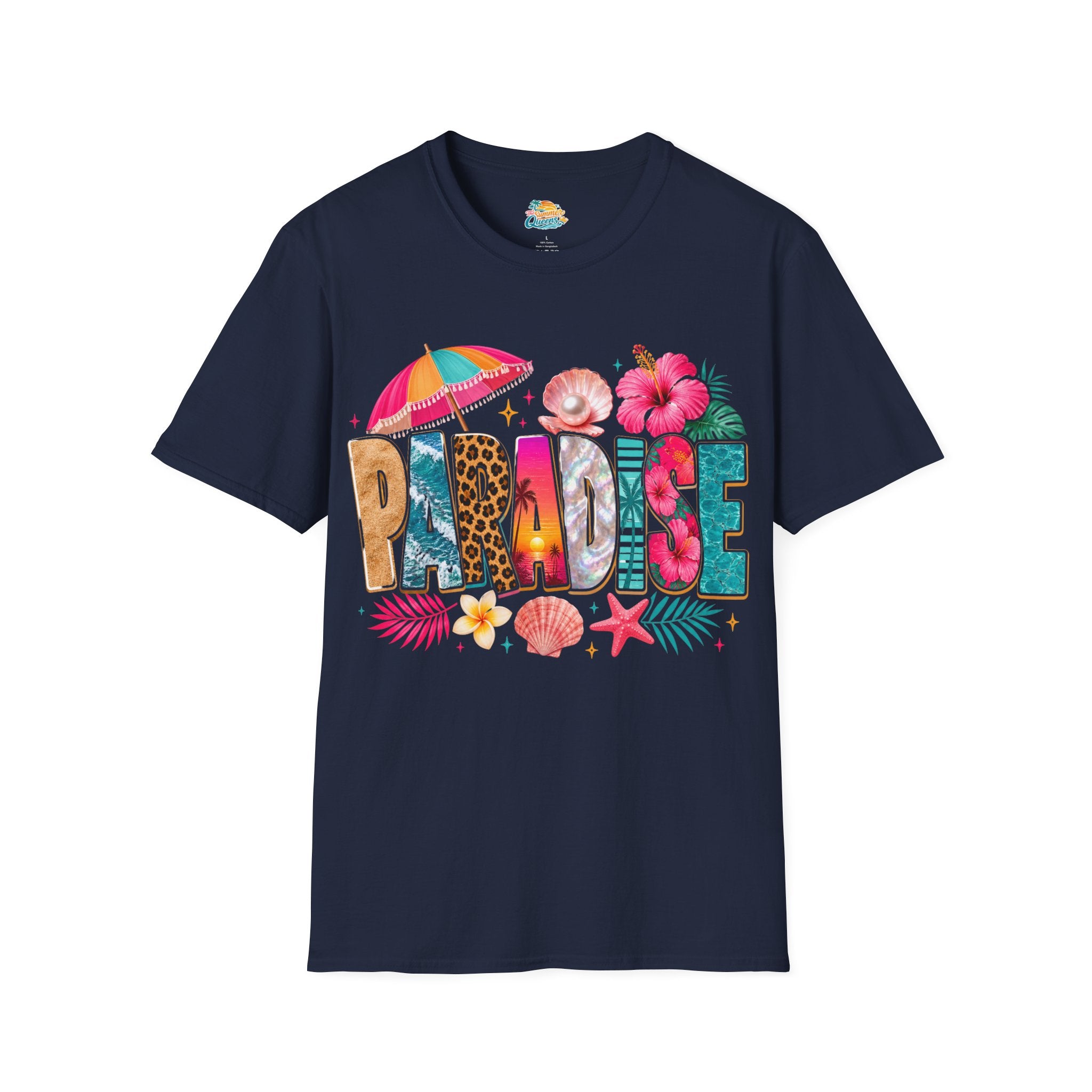 Paradise Beach Graphic T-Shirt — Tropical Shells & Hibiscus Vacation Tee