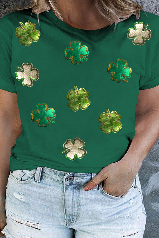 Dark Green Four Leaf Clover Patched Graphic St Patrick Plus Size Tee
