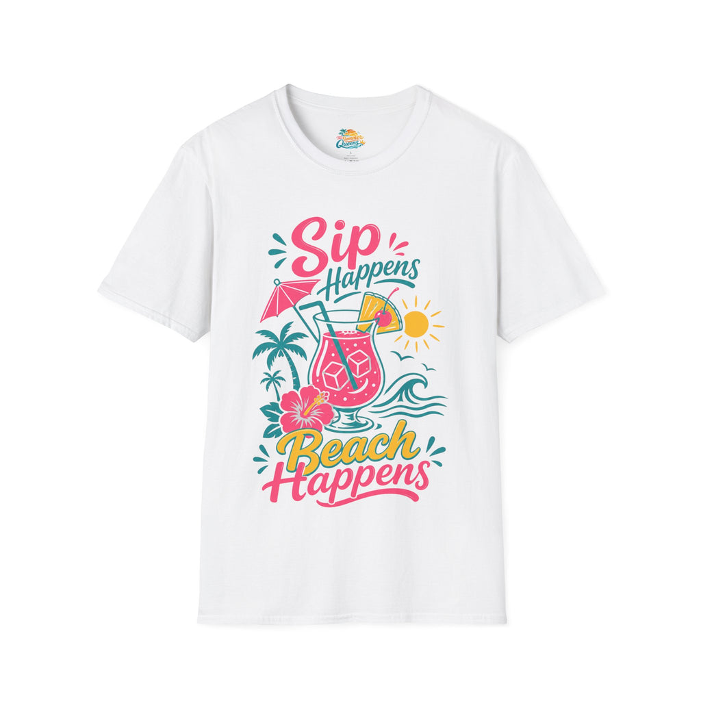 Sip Happens, Beach Happens T-Shirt — Tropical Vacation Cocktail Graphic Tee