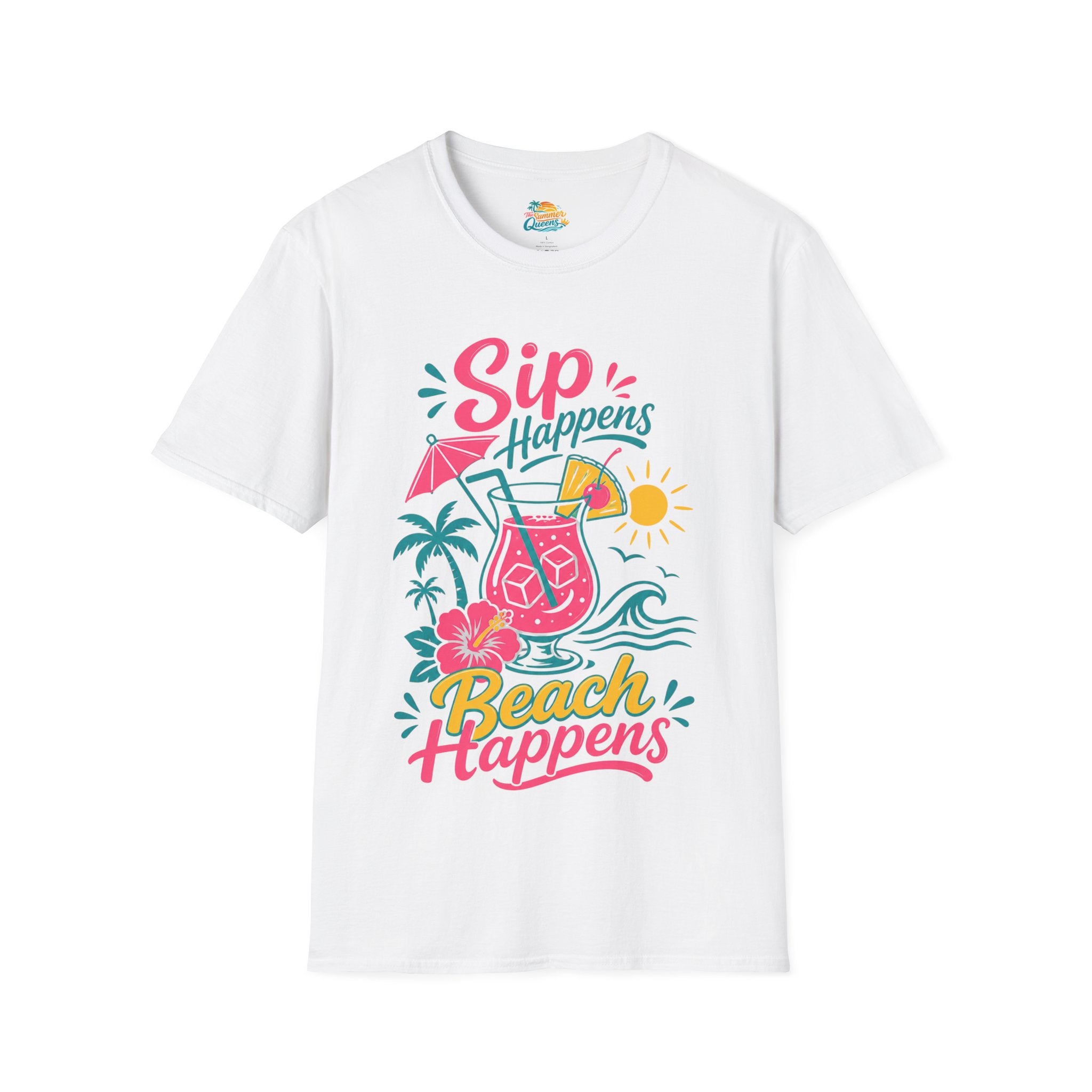 Sip Happens, Beach Happens T-Shirt — Tropical Vacation Cocktail Graphic Tee