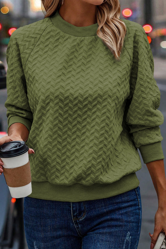 Green Solid Textured Raglan Sleeve Pullover Sweatshirt