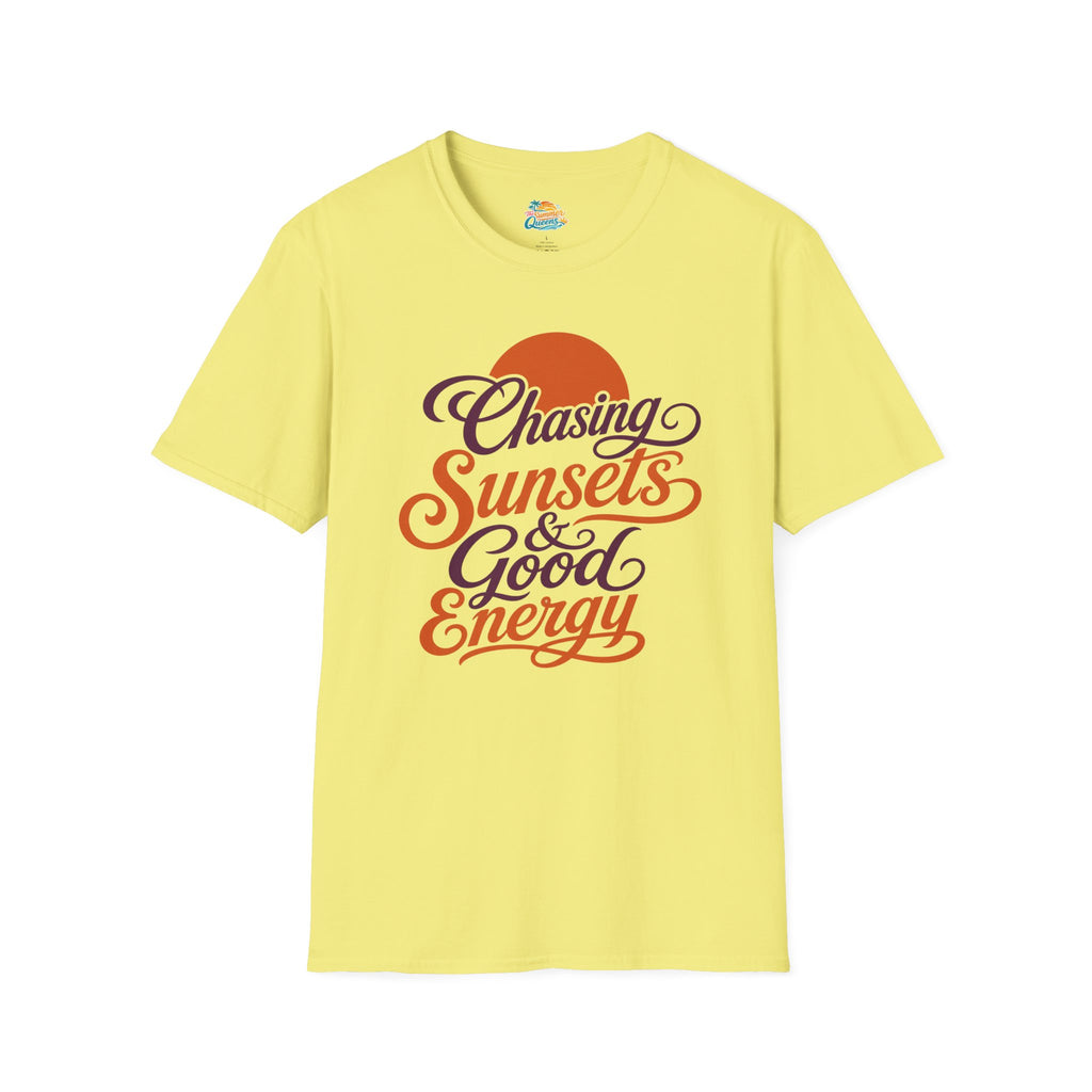 Chasing Sunsets & Good Energy T‑Shirt — Retro Sunset Typography Tee