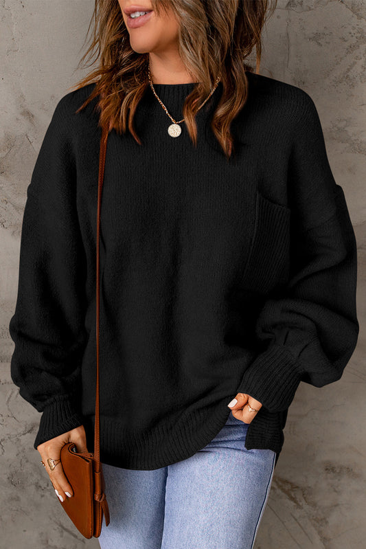 Black Solid Color Puffy Sleeve Pocketed Sweater