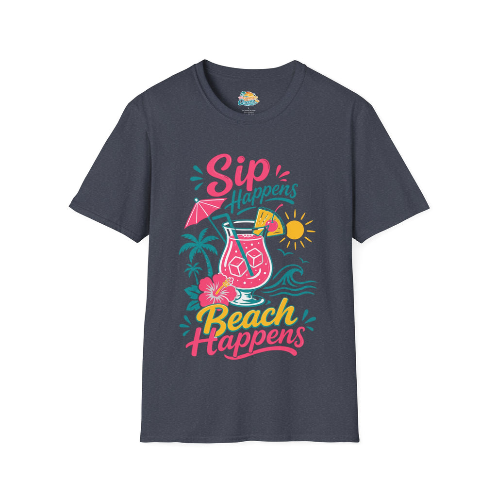 Sip Happens, Beach Happens T-Shirt — Tropical Vacation Cocktail Graphic Tee