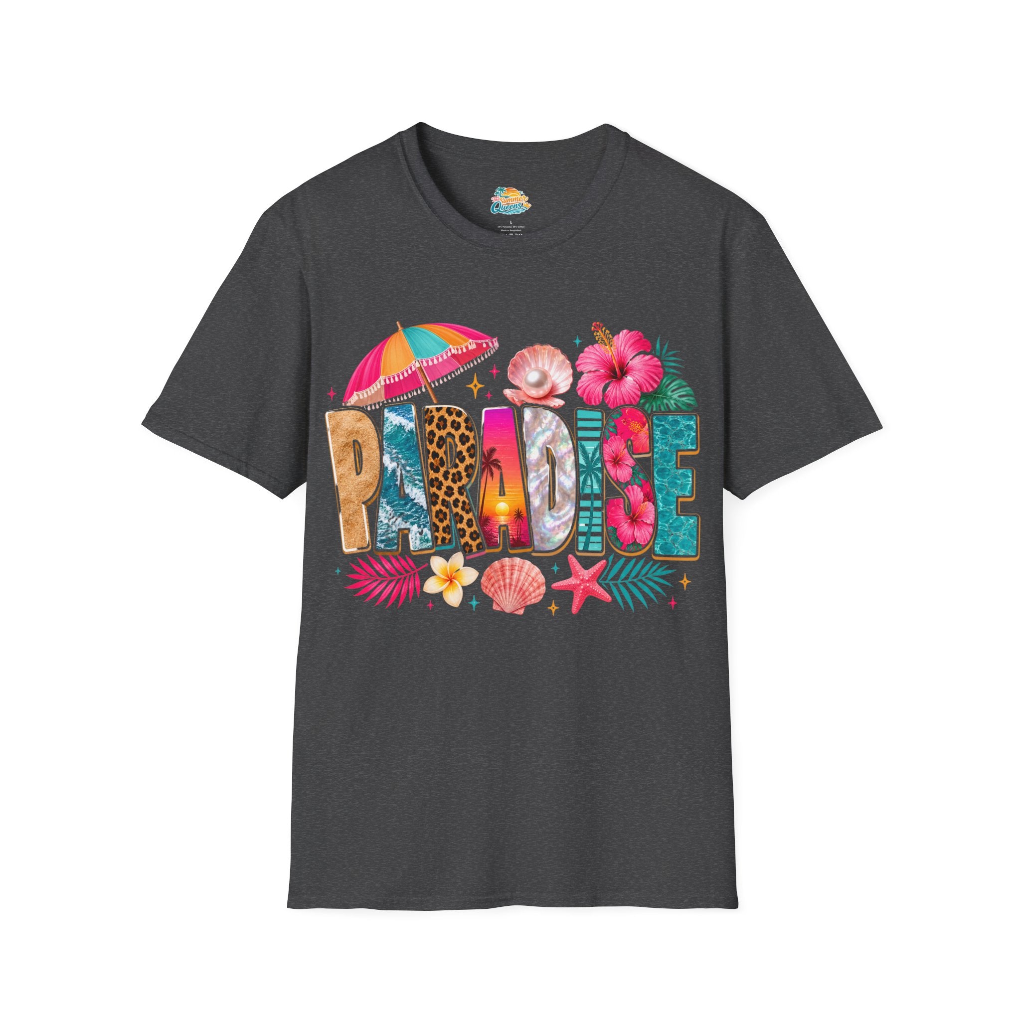 Paradise Beach Graphic T-Shirt — Tropical Shells & Hibiscus Vacation Tee
