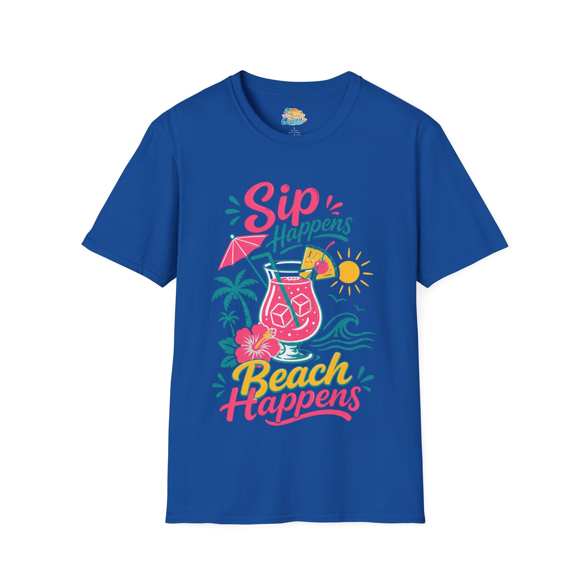Sip Happens, Beach Happens T-Shirt — Tropical Vacation Cocktail Graphic Tee