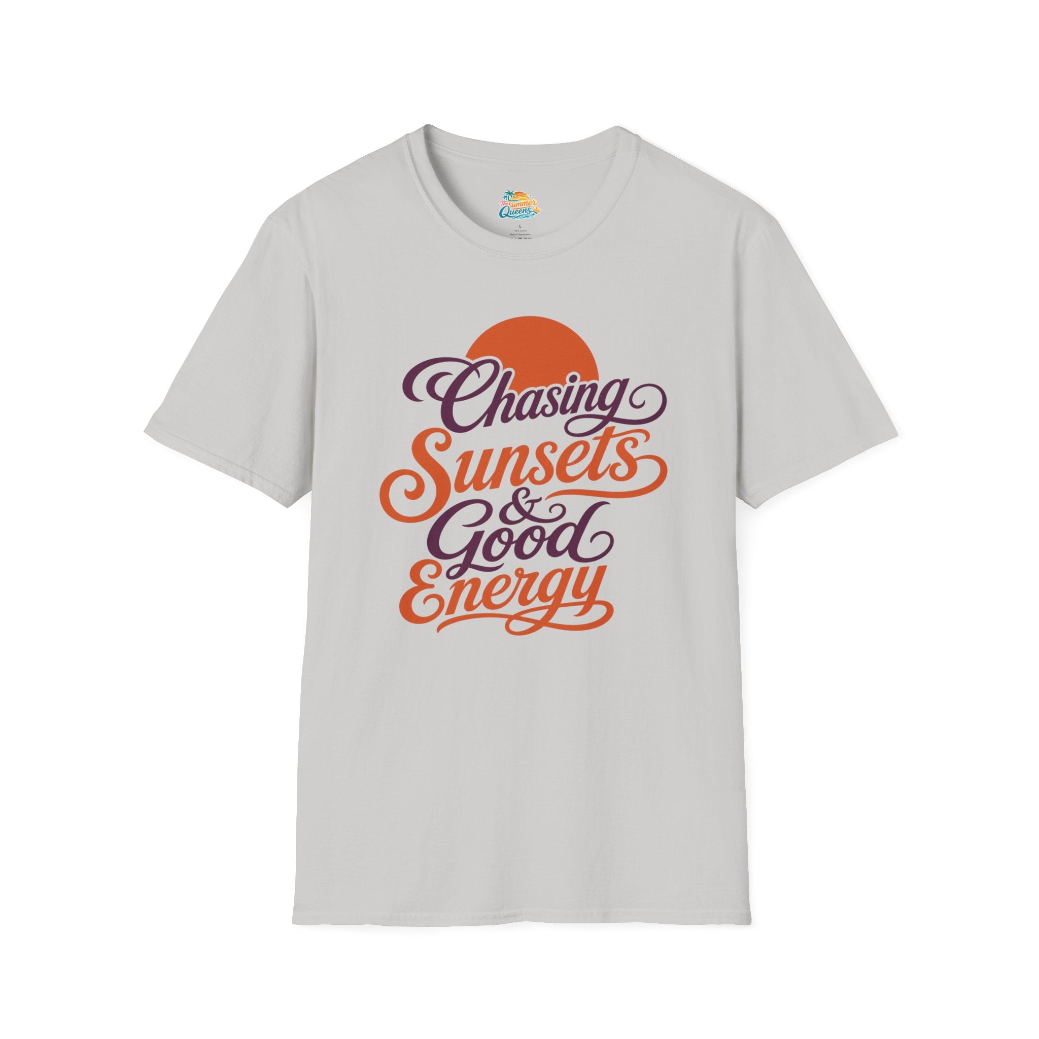 Chasing Sunsets & Good Energy T‑Shirt — Retro Sunset Typography Tee